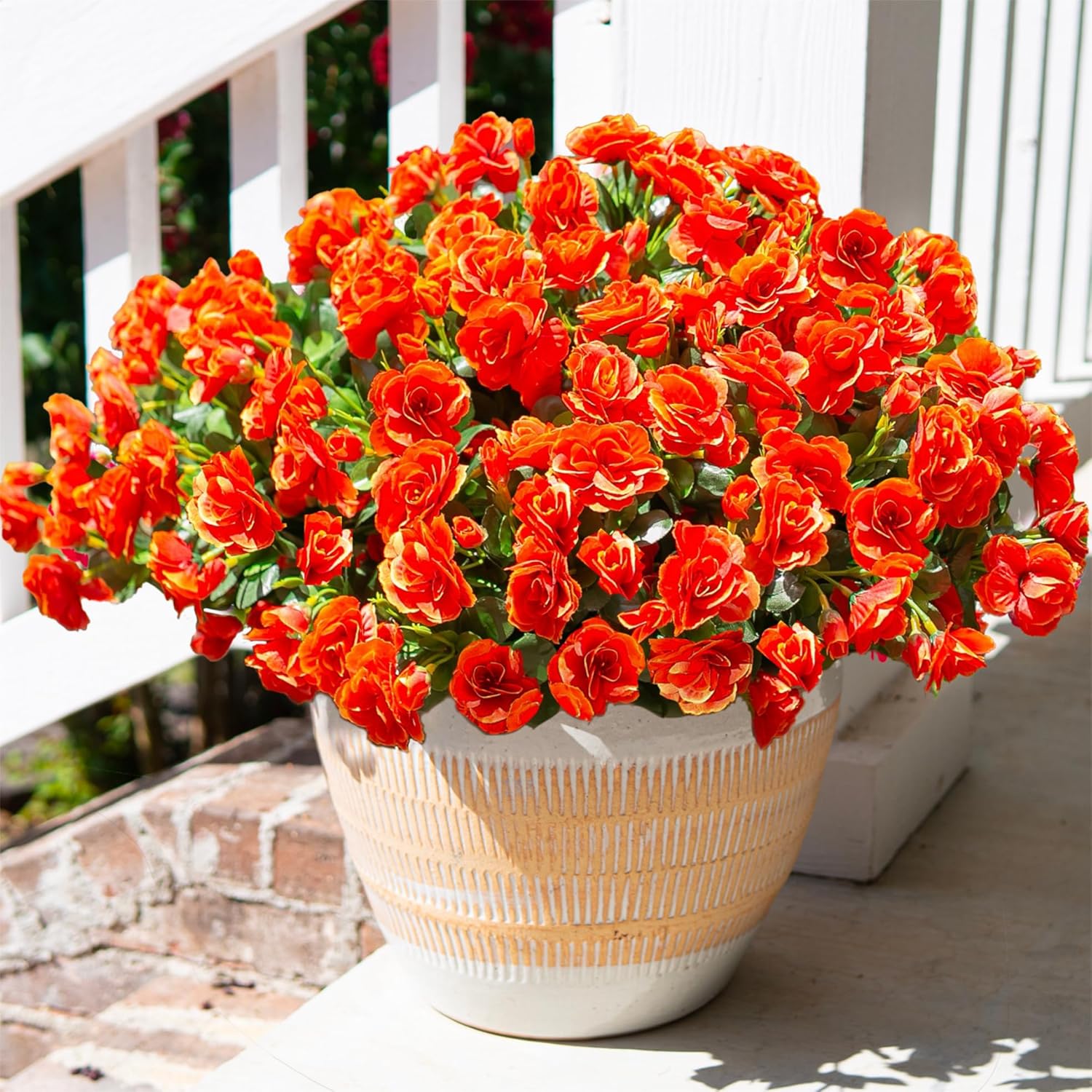 HyeFlora Artificial Faux Outdoor Outside Flowers Plants For Spring Decor, Fake Silk Orange Camellia UV Resistant Look Real for Autumn Planter Front Door Porch Patio Balcony Decoration, 3 Large Bundles