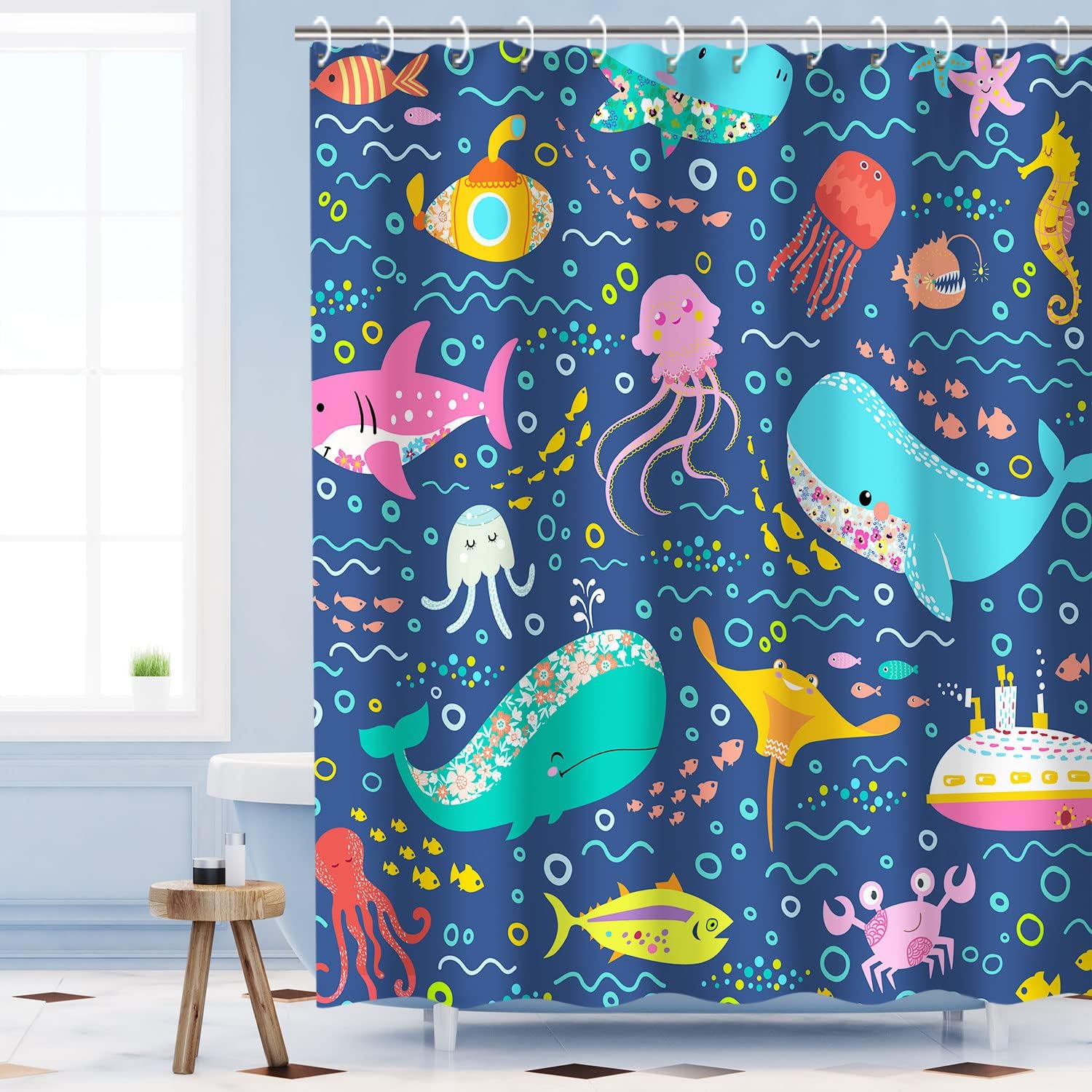 Amazon.com: RosieLily Fish Shower Curtain, Kids Shower Curtains Set with 12 Hooks, Whale Shower ...