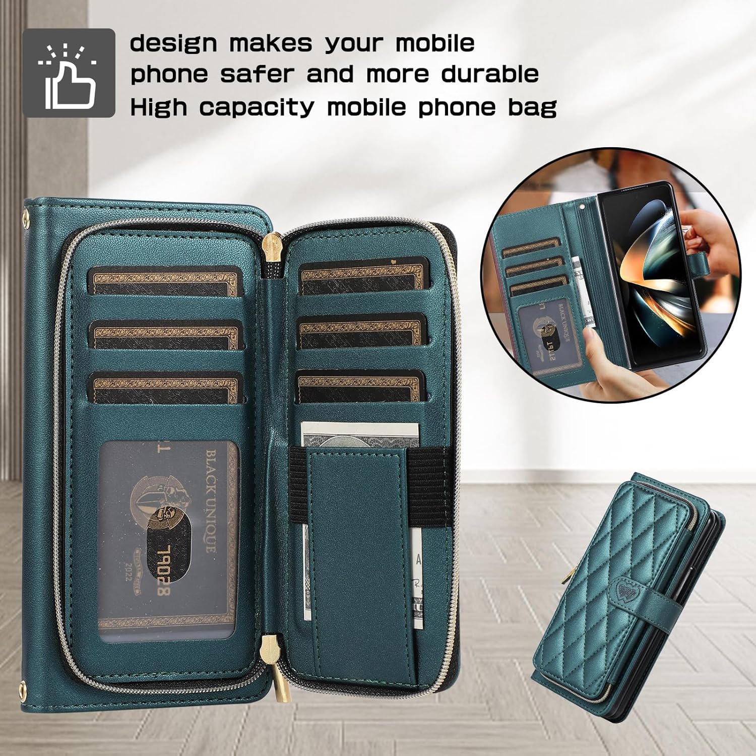 Wallet Case for Samsung Galaxy Z Fold 6 with Zipper Card Holder, Crossbody Purse Handbag Stylish Protective Cover with Shoulder Strap & Wrist Strap for Galaxy Z Fold 6 -Dark Green