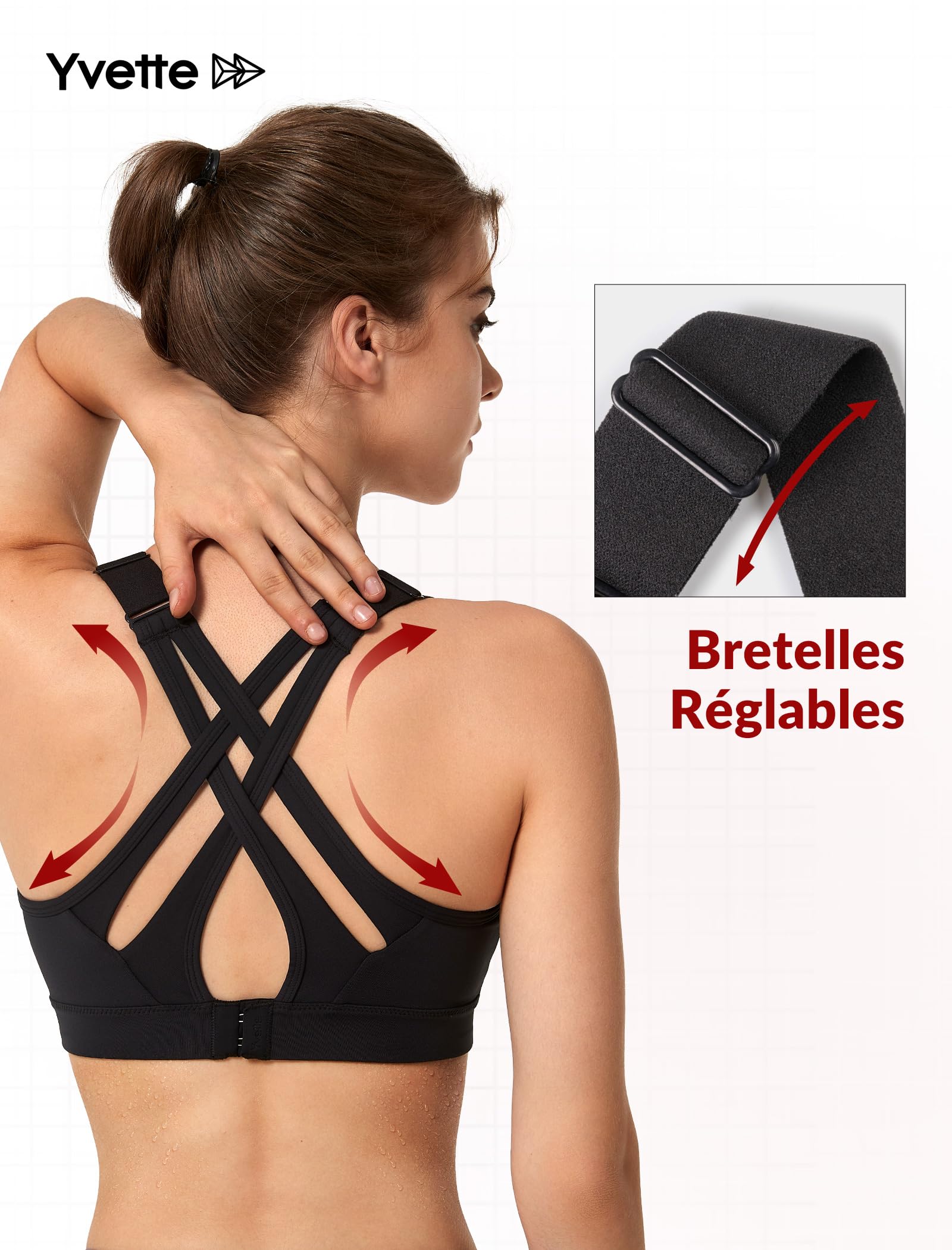 Yvette Soutien Gorge de Sport Femmes Bretelles Réglables Dos Croisées sans Armature Maintien Fort Grande Taille Course Fitness Gym