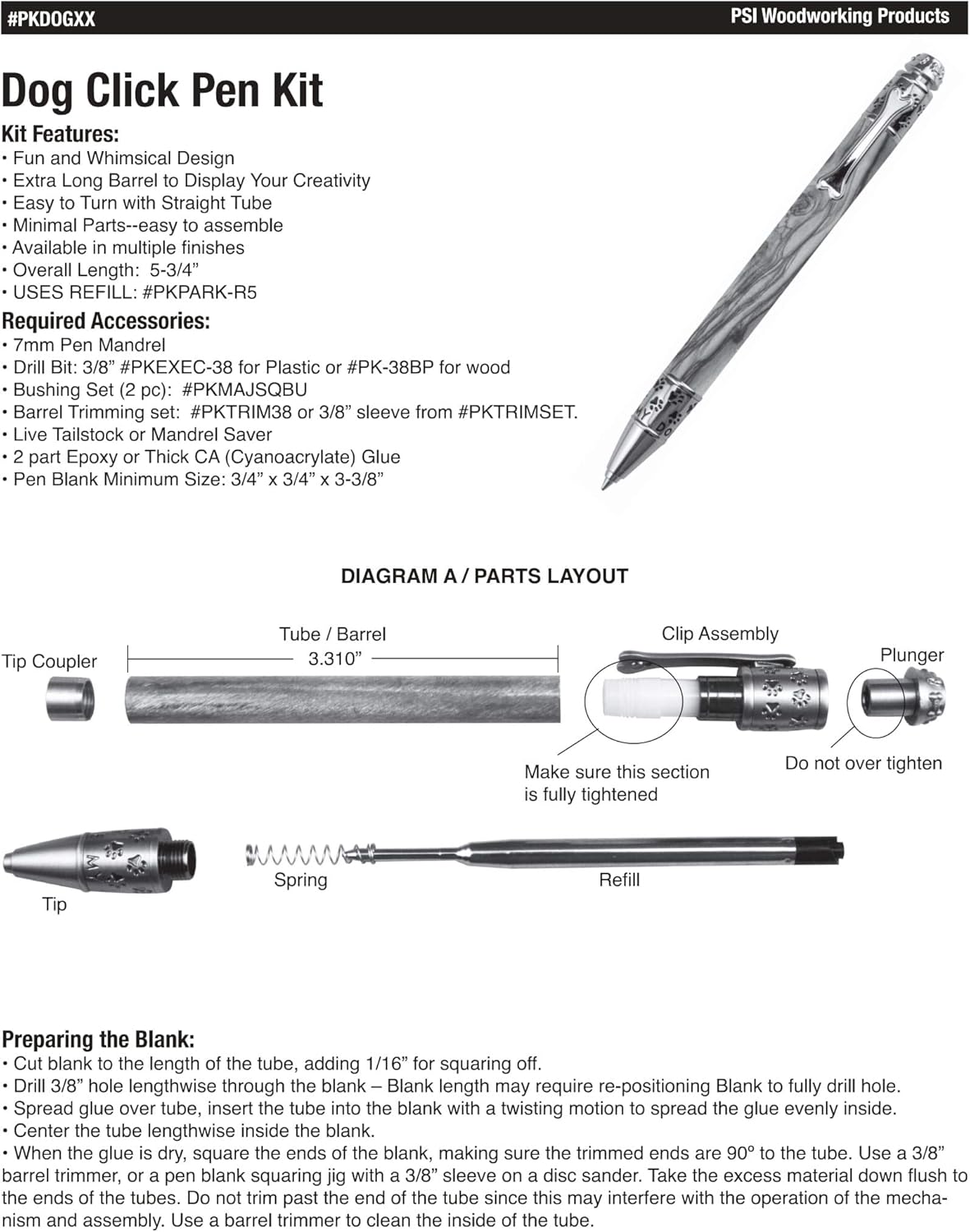 Penn State Industries PKDOGSS Dog Click Ballpoint Pen Kit Starter Package Woodturning Project