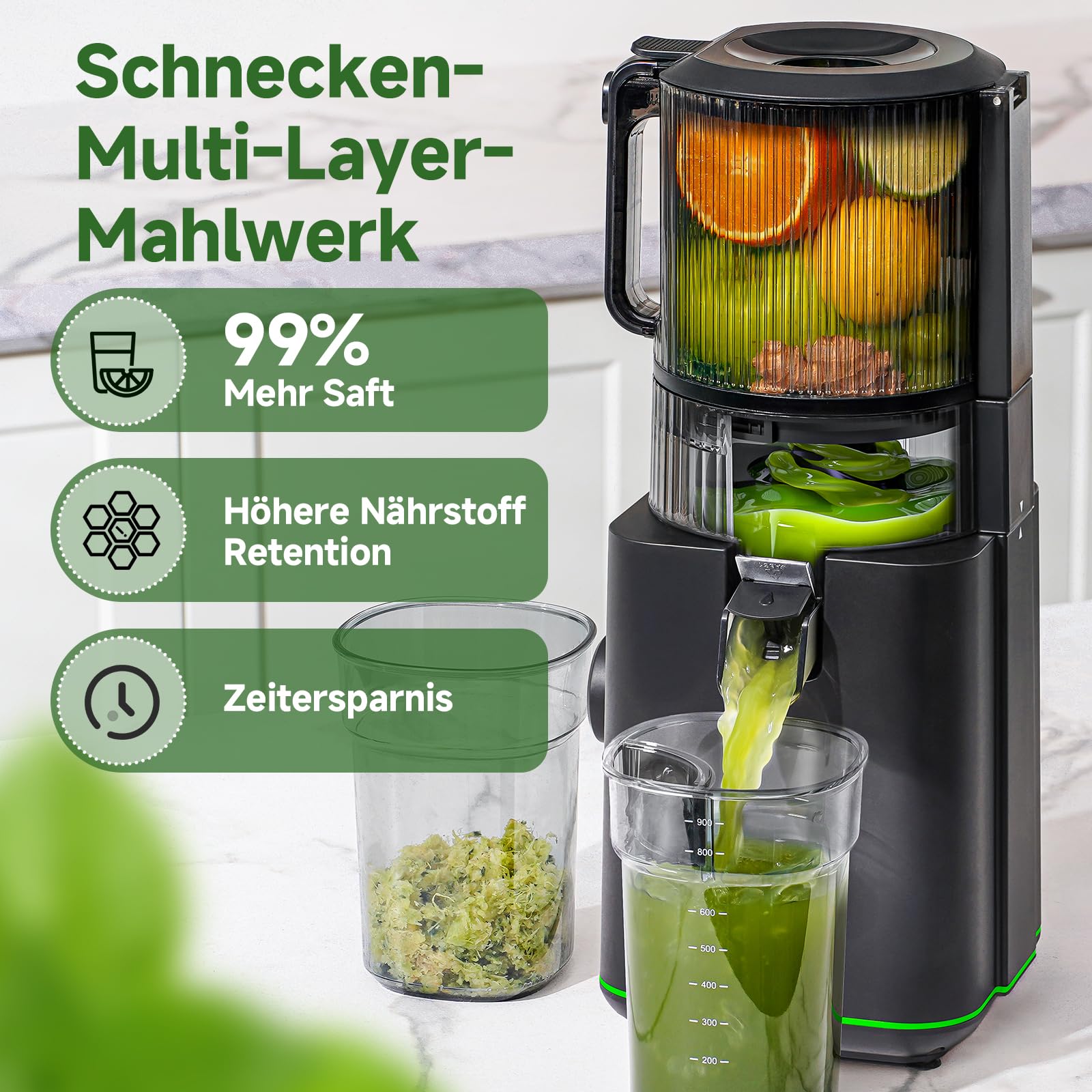 AMZCHEF Entsafter Slow Juicer für ganze Früchte & Gemüse, Kaltpress Saftpresse mit 155 mm XXL-Einfüllöffnung, 2,5 L Behälter, 3-in-1 Sieb (für Saft, Sorbet & Nussmilch), leicht zu reinigen, Schwarz