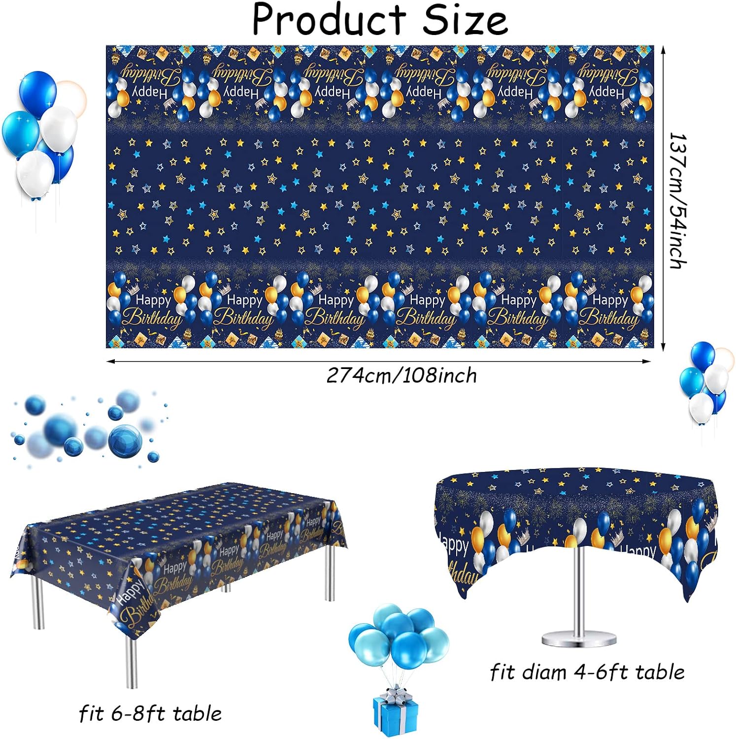 Happy Birthday Table Cloth Blue, Disposable Plastic Birthday Party Tablecloth with Balloons Star - Image 3