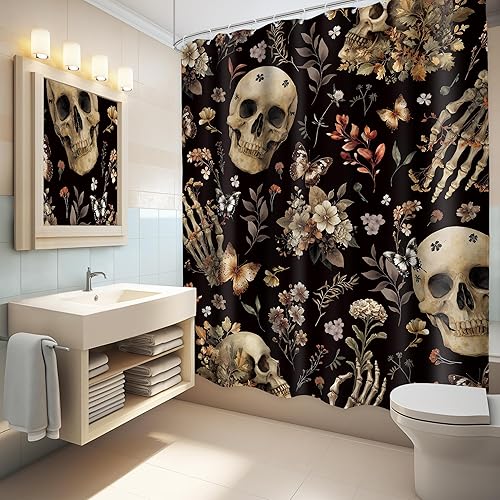 Miniatura 11 de LGhtyro - Cortina de ducha gótica con calavera para el baño, 60 pulgadas de ancho x 71 pulgadas de alto, temática de Halloween, cabeza de muerte