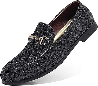 Men's Glitter Dress Shoes Metallic Sequins Tuxedo Luxury Gold Buckle Loafers Slip-on Wedding Party Shoes