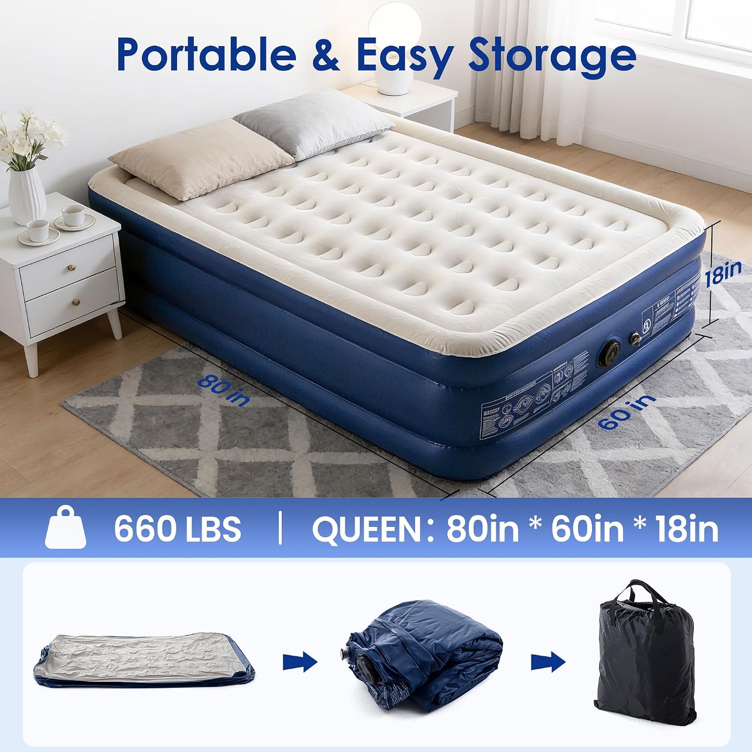 Camping Air Mattress Queen with Built in Pump 18" Thickness 660lbs Heavy Duty Comfortable Blow up Air Mattress with Carry Bag Inflatable Foldable Flocked Top Air Bed for Travel, Home (Blue & Grey)