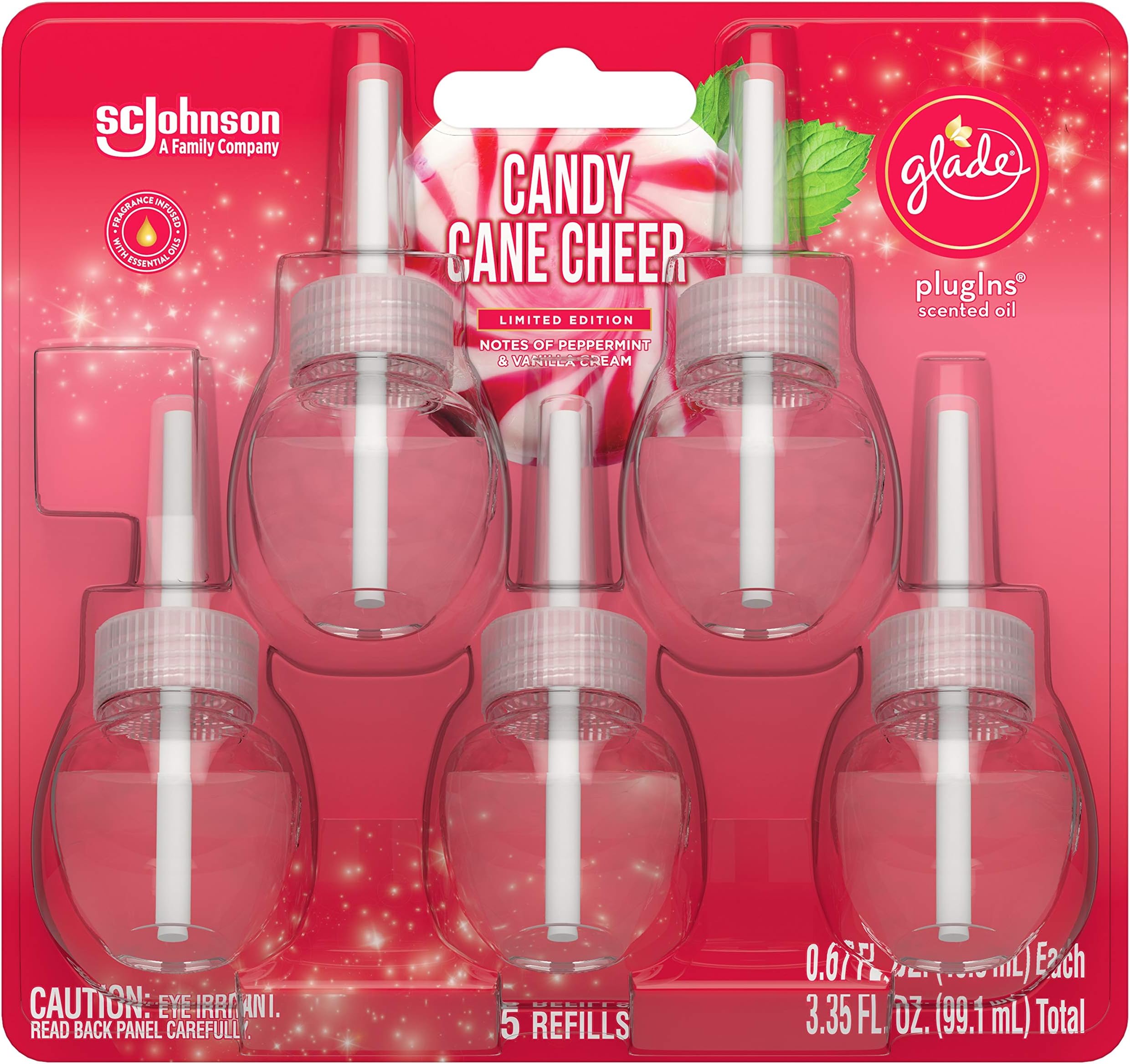 Glade PlugIns Refills Air Freshener, Scented and Essential Oils for Home and Bathroom, Candy Cane Cheer, 3.35 Fl Oz, 5 Count