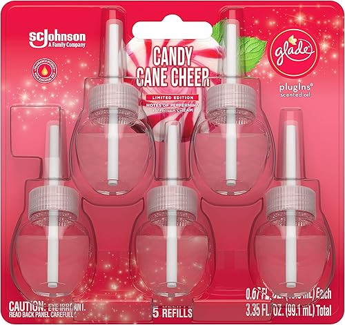 Glade PlugIns - Recambios de ambientador, aceites esenciales y perfumados para el hogar y el baño, Candy Cane Cheer, 3.35 onzas líquidas, 5 unidades