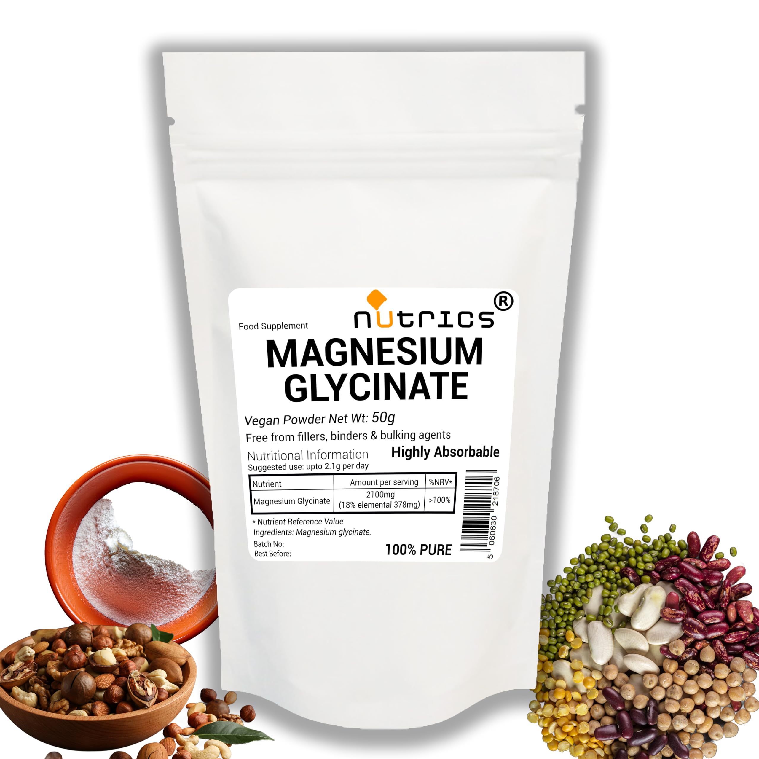 Nutrics® Magnesium GLYCINATE 50g Vegan Powder 100% Pure - Suitable for Vegan Vegetarian Halal & Kosher