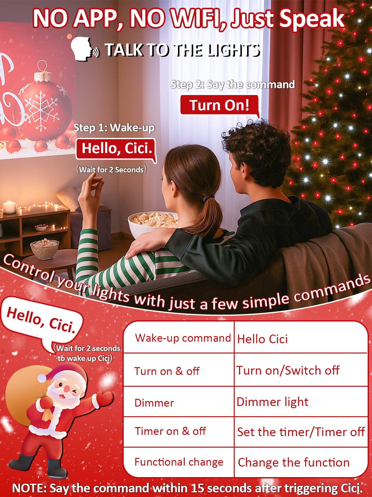 Luces de Navidad inteligentes controladas por voz para exteriores, 200 luces LED extensibles de 75 pies con 6 comandos de voz, 12 modos y temporizador, decoraciones navideñas impermeables para árbol