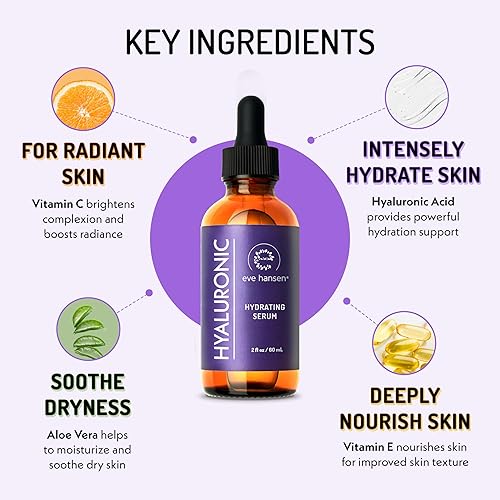 Vista 3 de Eve Hansen Suero hidratante de ácido hialurónico para la cara con vitamina C, vitamina E, té verde 72% hidratante facial reafirmante orgánico