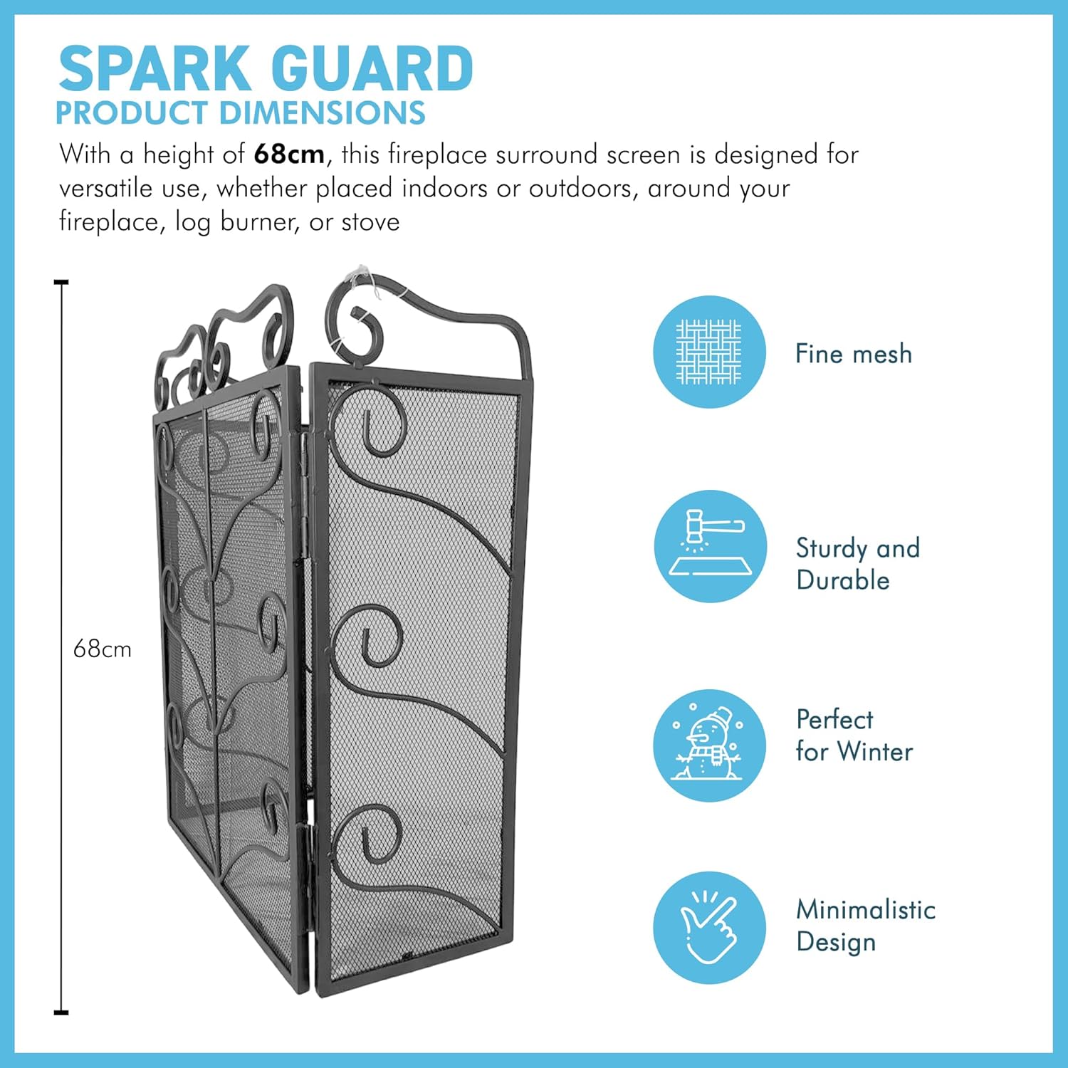 Black Metal foldable 3-panel fireplace surround screen 68cm high with mesh netting | Spark Guard | Fire guard | decorative pattern | Indoor or outdoor use