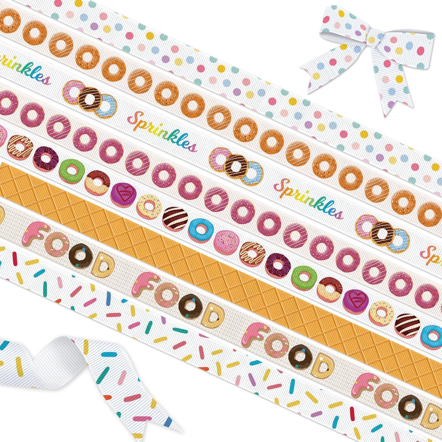 Donut Grosgrain Ribbon Set, 8 Pack(3/8 Inch x 3 Yards Each), Sprinkles and Food Patterned Ribbons for Hair Bows, DIY Crafts, Party Decorations, Gift Wrapping, and Bakery Themed Projects