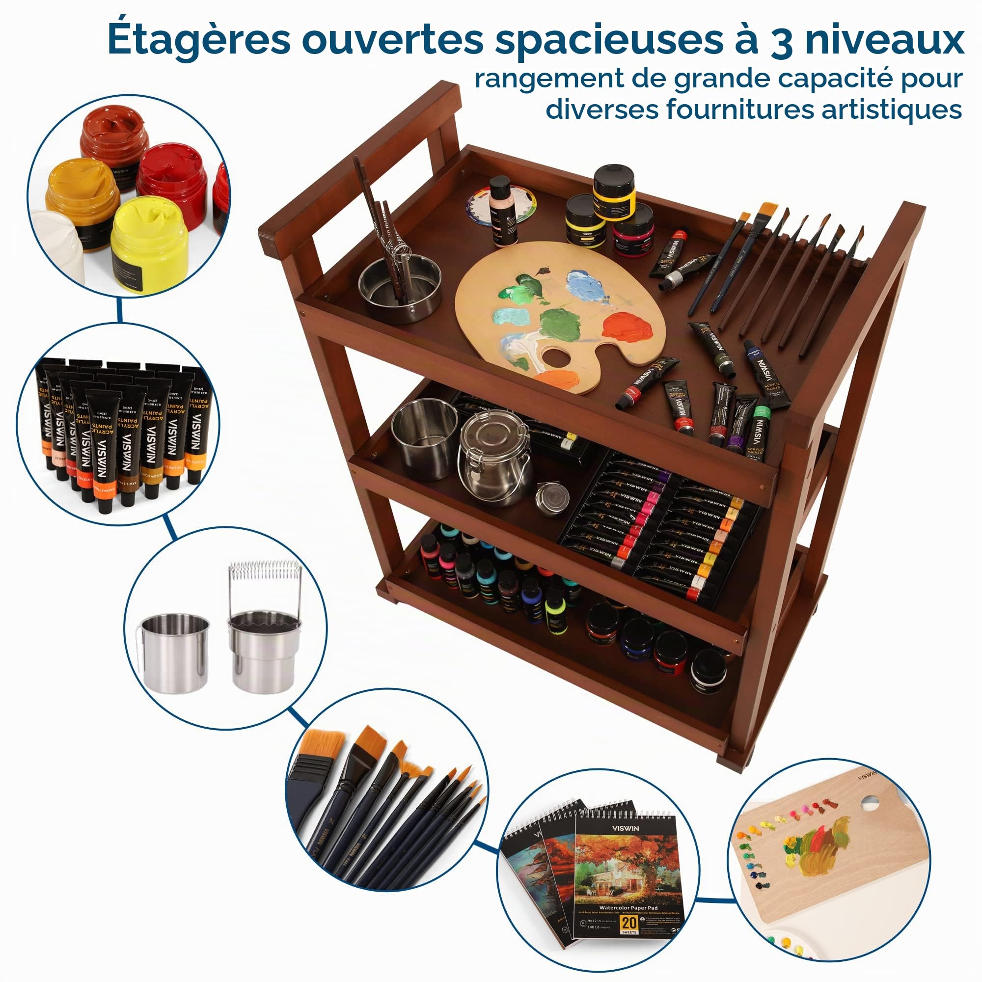 VISWIN 93cmH Art Cart Organisateur de Stockage À 3 Niveaux, Chariot Utilitaire Rotatif en Bois de Hêtre Massif avec roulettes, Chariot Multifonctionnel pour Étude, Salle de Classe et Cuisine