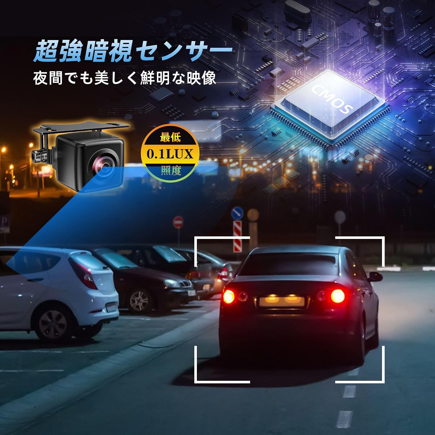 Image depicting the super night vision sensor, showing a car parked at night with enhanced visibility provided by the camera's low lux rating.