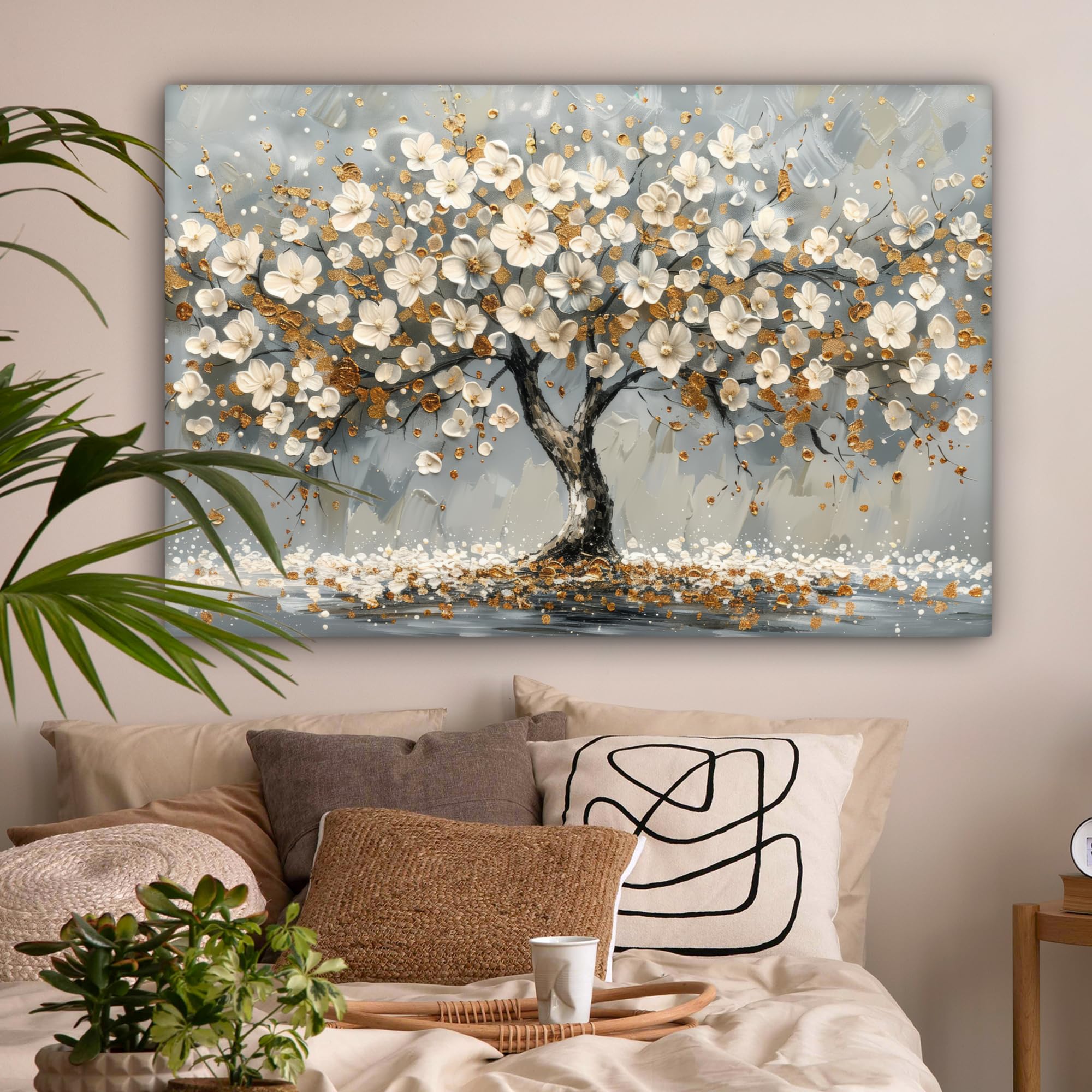 MuchoWow Leinwand Bilder 120x80 cm XXL Wanddeko Wohnzimmer Aesthetic Room Decor Modern Bild auf Leinwand Baum Blumen Weiß Natur Kunst