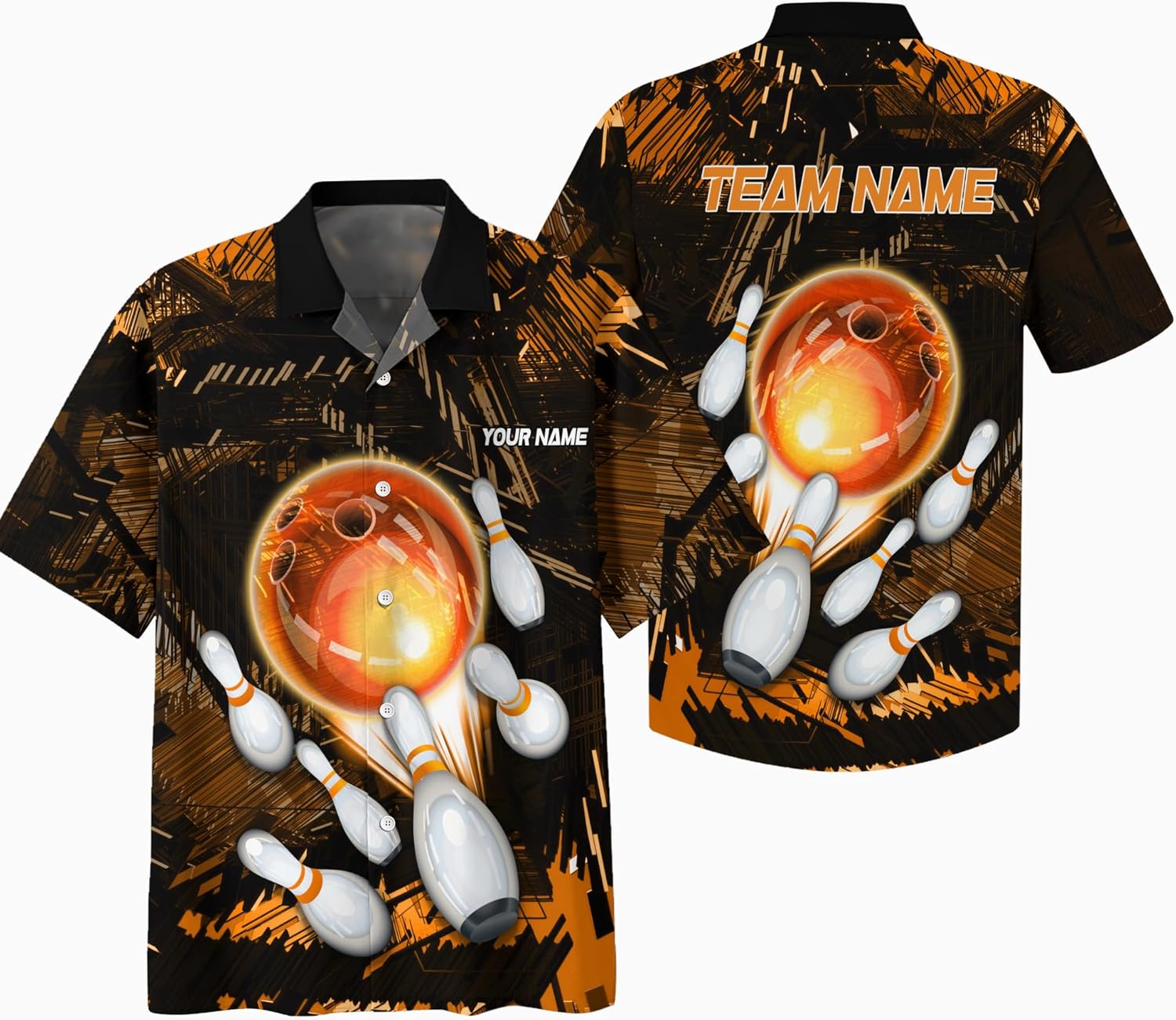 Customized Bowling Hawaii Theme Clothes Print Button-Down Shirt with Orange Bowling Theme Graphic On it for Bowling Team