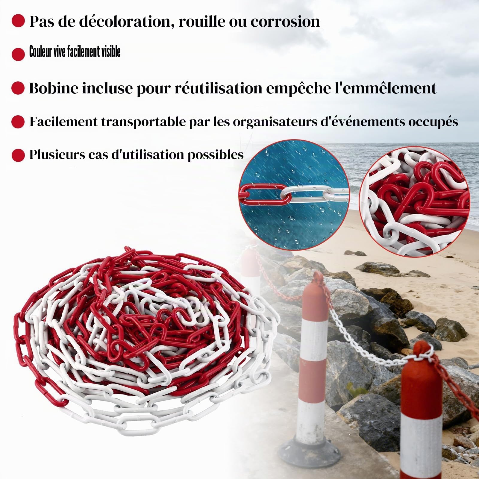 DAJAVE Chaîne de signalisation en acier galvanisé de 6 m, 5 mm, rouge et blanc, en acier galvanisé, chaîne en métal pour verrouiller les surfaces, barrière de parking