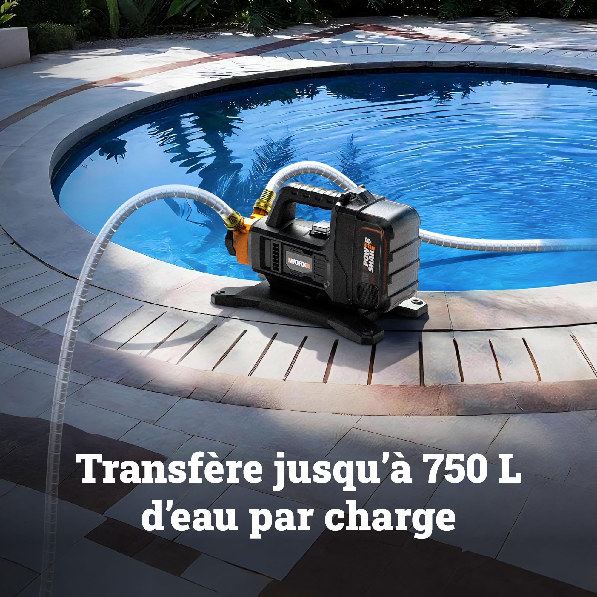 WORX Pompe de transfert sans fil 20V WG830E.9 | Débit jusqu'à 1300 l/h, fonctionnement sans amorçage, compacte et compatible PowerShare