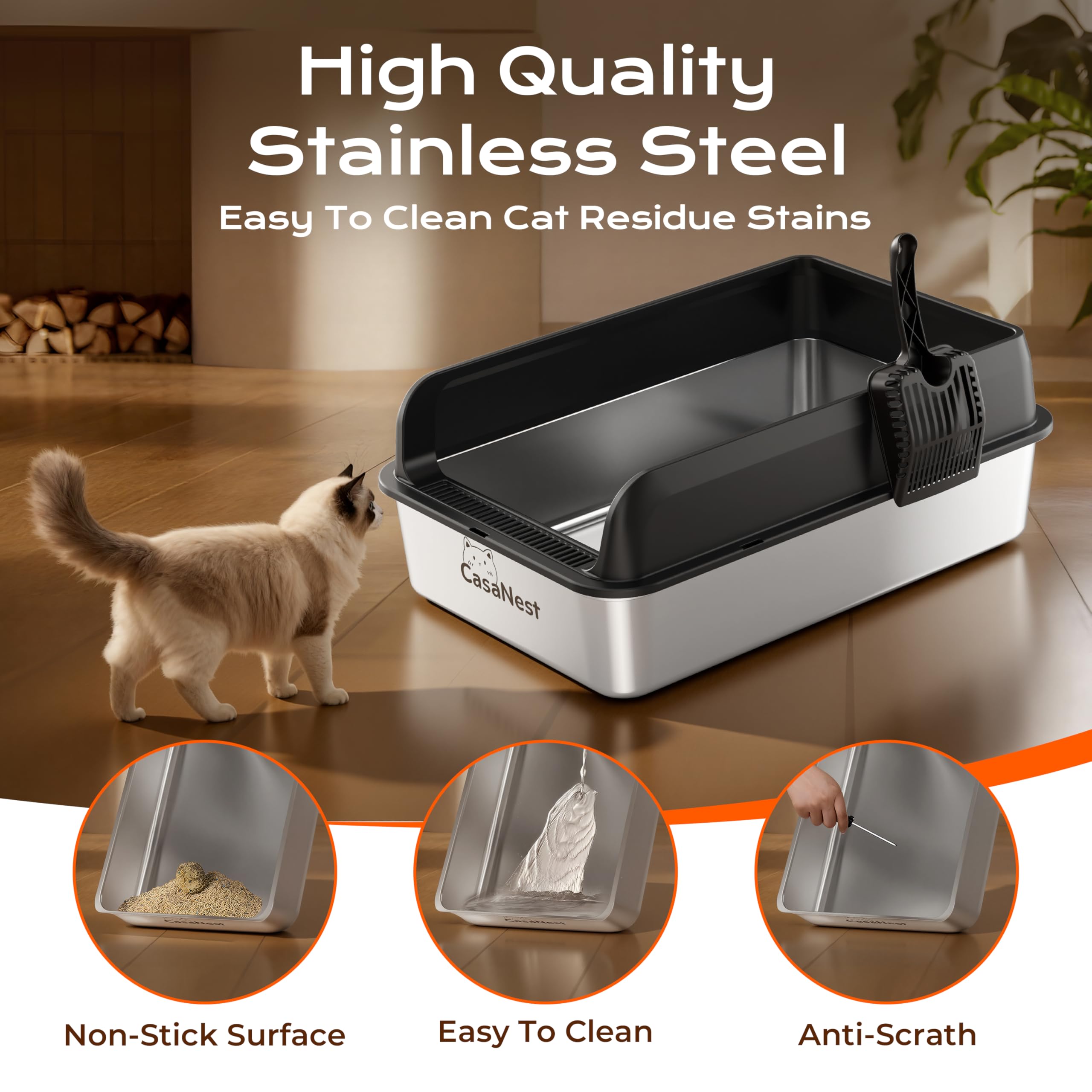 XXL Stainless Steel Cat Litter Box with Lid, 3-in-1 Enclosed Top Entry Metal Litter Box for Large & Multi Cats, Non-Stick & Leak-Proof, Odor Control, Easy-Clean - image 5