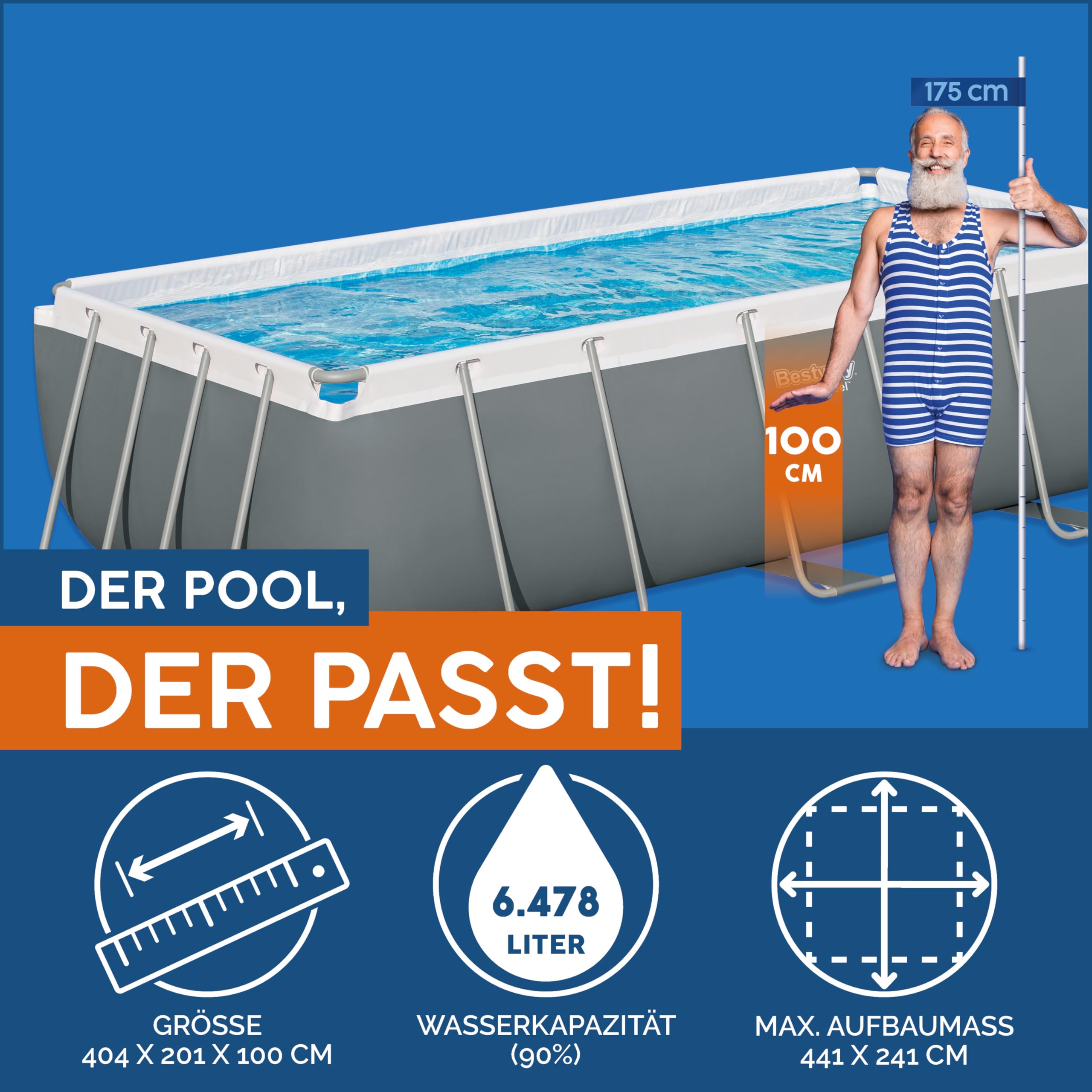 Bestway Power Steel Frame Pool Set mit Sandfilteranlage 404 x 201 x 100 cm, grau, eckig