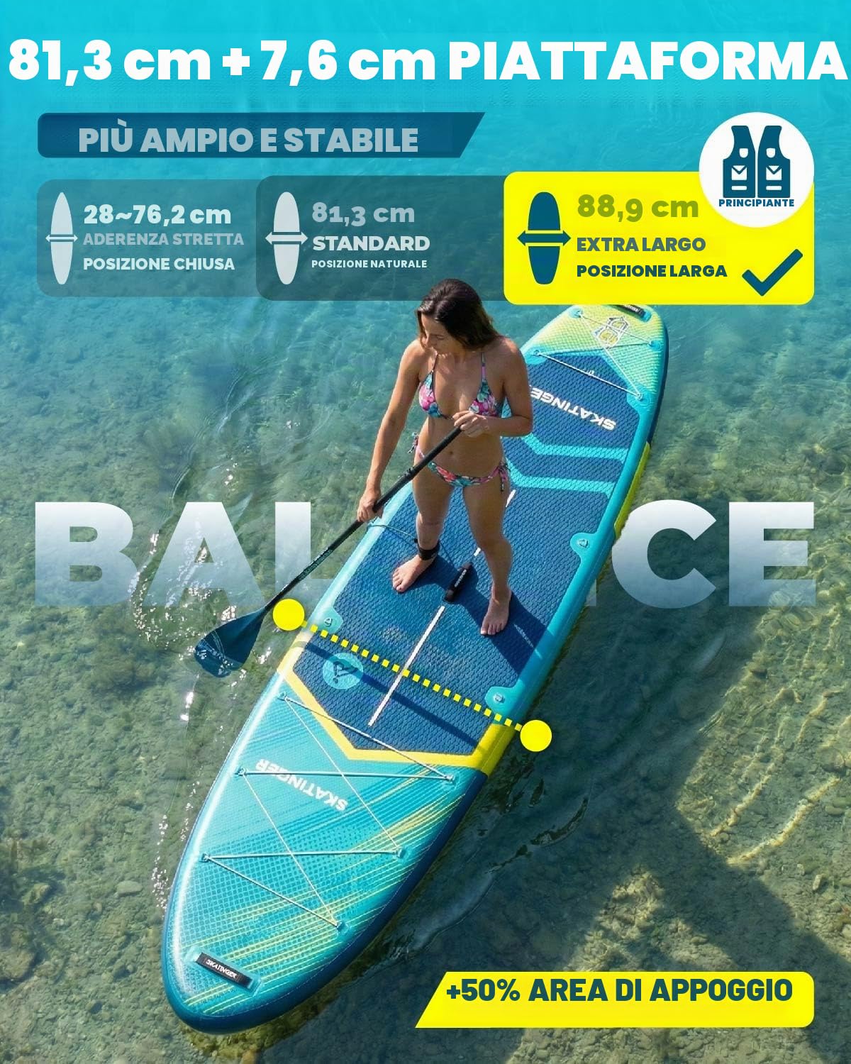 Skatinger Tavole gonfiabili per stand up paddle, 28 x 86 x 15,2 cm, tavola da SUP gonfiabile, tavola da yoga con zaino 1600D, 6 anelli a D extra, tracolla, pinna centrale degli Stati Uniti, pompa a 2