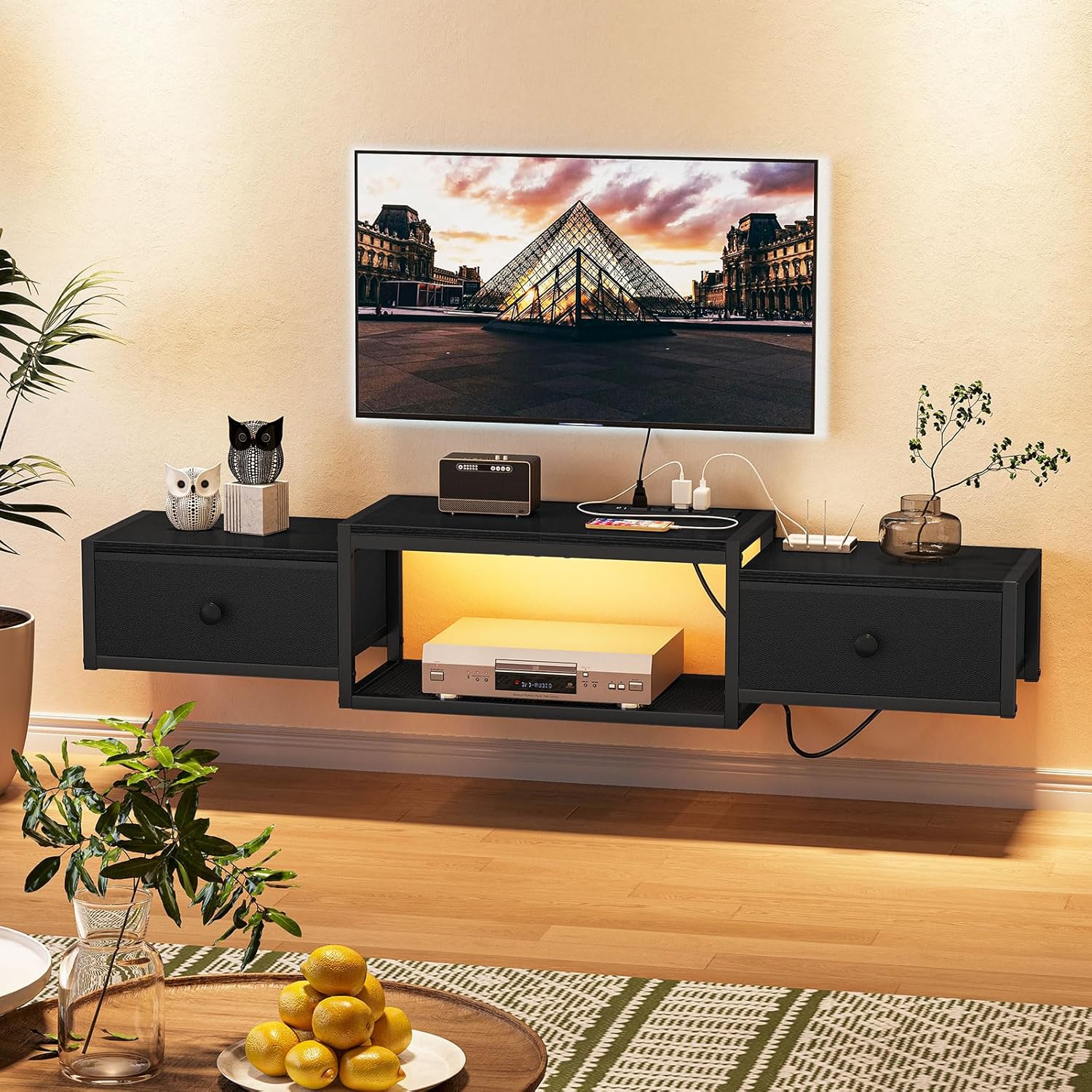 Snughome Floating TV Stand Wall Mounted with Power Outlet 55", Floating Entertainment Center with LED Lights, Floating TV Shelf with Drawer, Wall Mounted Media Console Shelf for Living Room, Bedroom