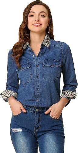 Allegra K Women's Button Up Jean Shirt Long Sleeve Leopard Denim Jacket