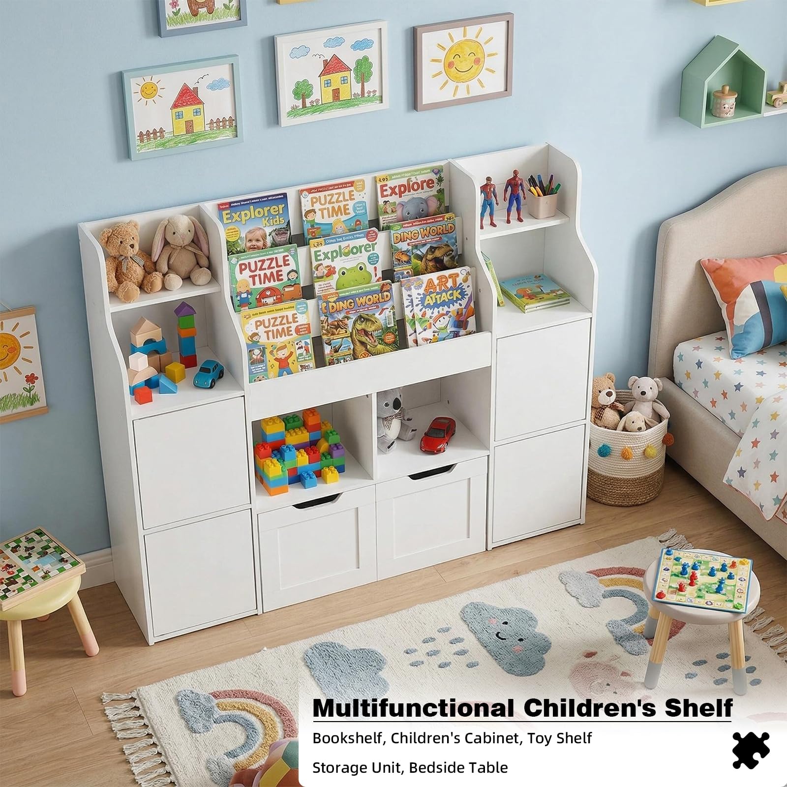 Mobile Porta Giochi, Libreria Montessoriana per Bambini a 6 Scomparti Aperti e 4 Ante, Mobile Giochi a 2 Cassetti su Ruote, per Cameretta e Stanza dei Giochi, 122x30x100cm Bianco