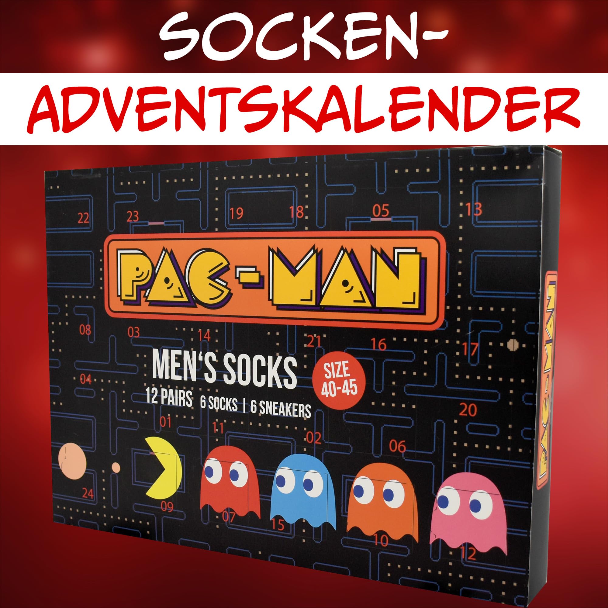 Pac-Man Calendrier de l'Avent avec 12 paires de chaussettes Taille 40-45 pour homme Calendrier de Noël avec baskets et chaussettes longues