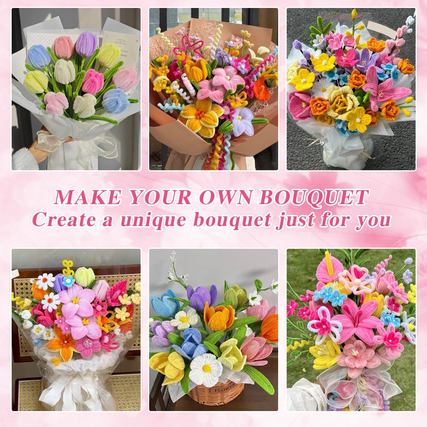 URSDIART 650pcs Pipe Cleaners Craft, Bulk Pipe Cleaner Flower Kit,13 Colors Chenille Stems Limpia Pipas para Manualidades with Instruction Accessories for Floral Arrangements,Art and Craft Projects