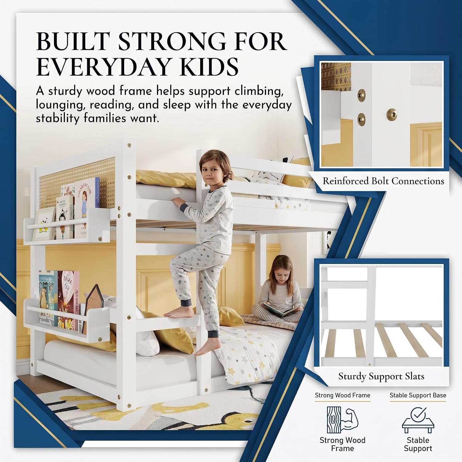 Twin Over Twin Bunk Bed with Storage Shelves, Low Floor Bunk Bed for Kids with Ladder and Rattan Guardrails, Space-Saving Bed Frame, White