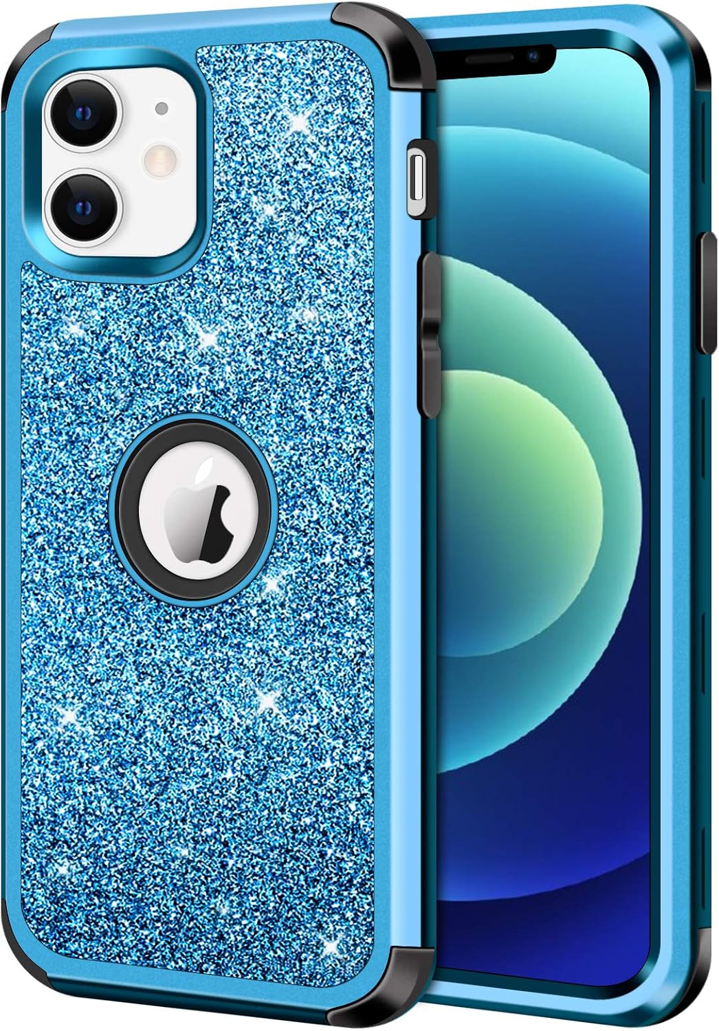 Hython Compatible with iPhone 12/12 Pro Heavy Duty Bling Glitter Sparkle Case, Defender Protective Hard Shell Hybrid Shockproof Rubber Bumper Cover for iPhone 12 and 12 Pro 6.1-inch 2020, Blue