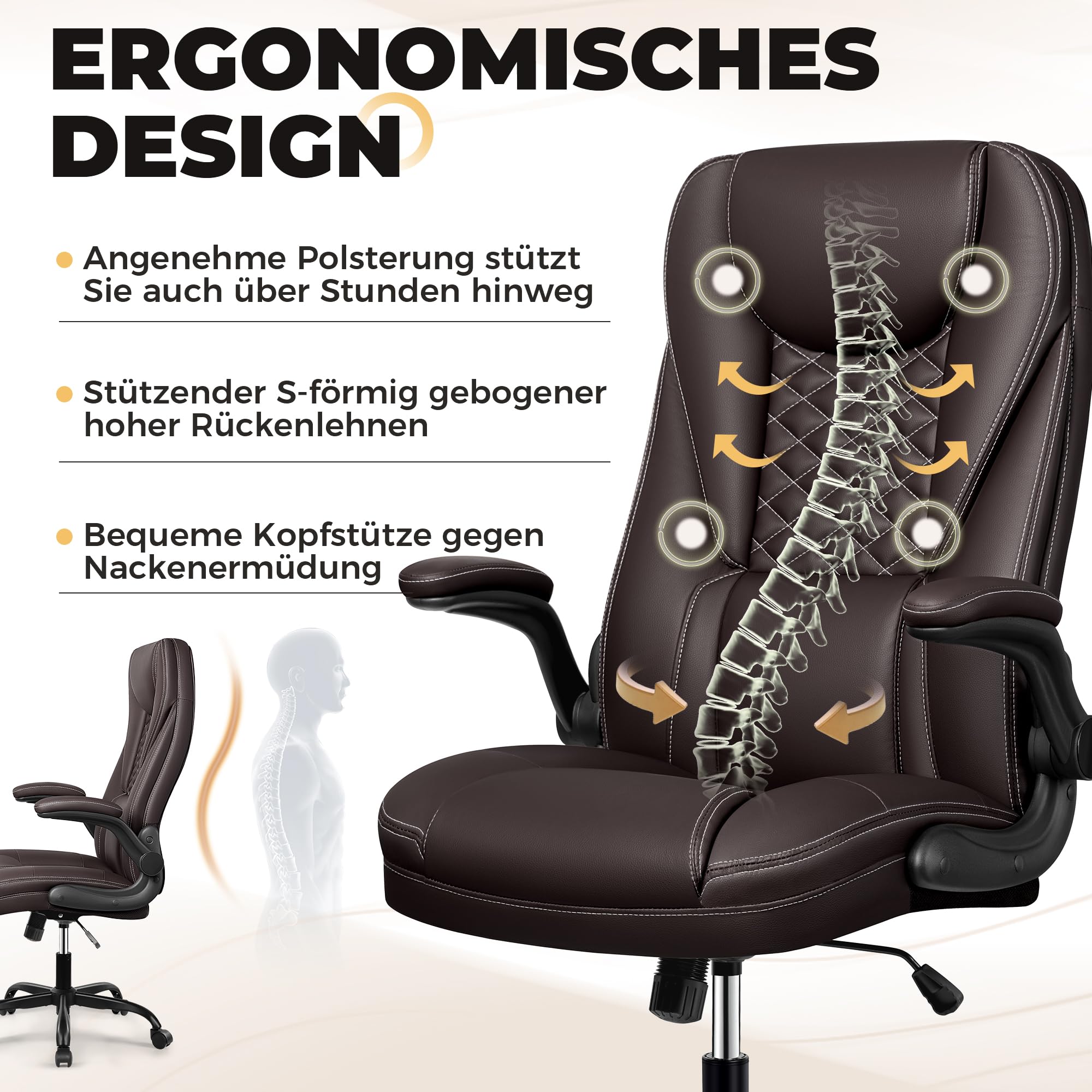 Sedia da ufficio, ergonomica, da scrivania, con funzione basculante, regolabile in altezza, con poggiatesta, braccioli, 150 kg, caffè