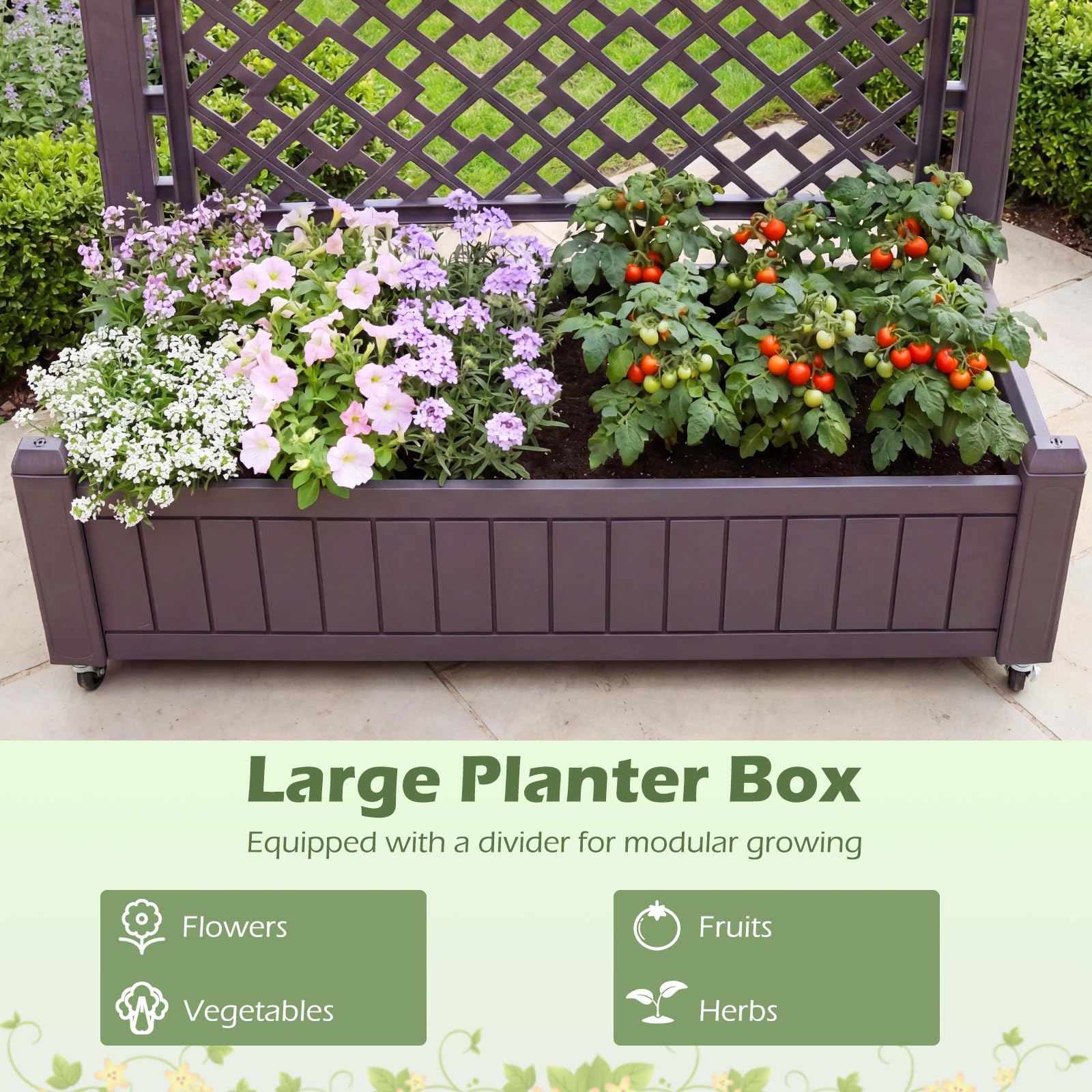 FANTASK Pflanzkasten mit Spalier, 80 x 40 x 140cm, Blumenkasten mit Wasserstandsanzeiger & Abflusslöchern, Blumenkübel mit Rankgitter und Rollen, Blumenkübel für Garten Balkon, PP (Braun)