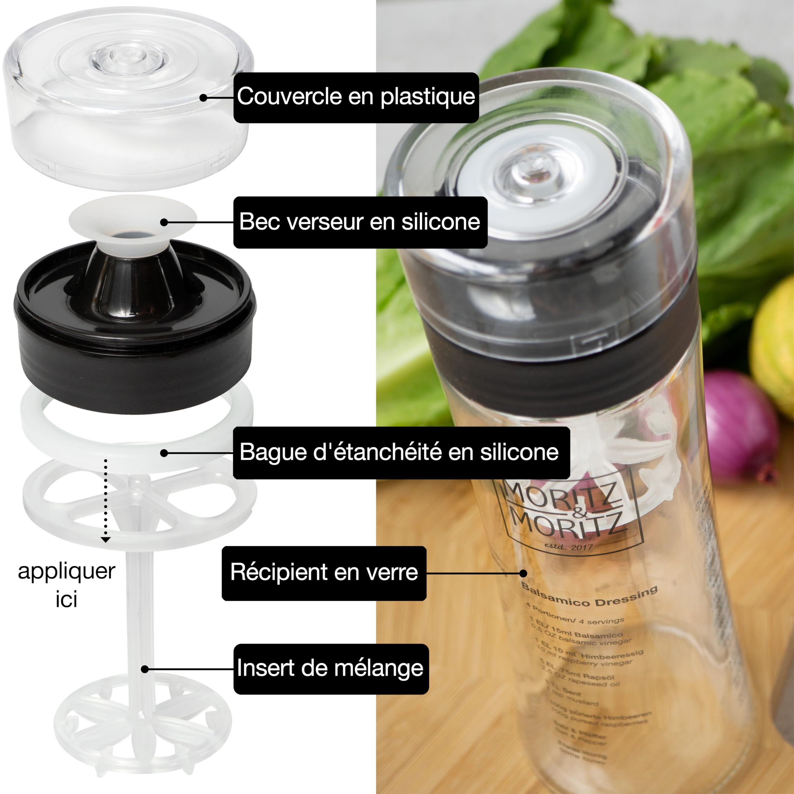 Shaker à Vinaigrette En Verre 500ml - Graduation Et Recettes - Bec Verseur Anti-Goutte - Lave-Vaisselle