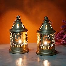 Purestory Set of 2 Iron Lantern and Candle Tealight Holder for Home Decor Items | Candles for Home Decoration | Candle Holders for Home Decor | (Pack of 2) (Gold)