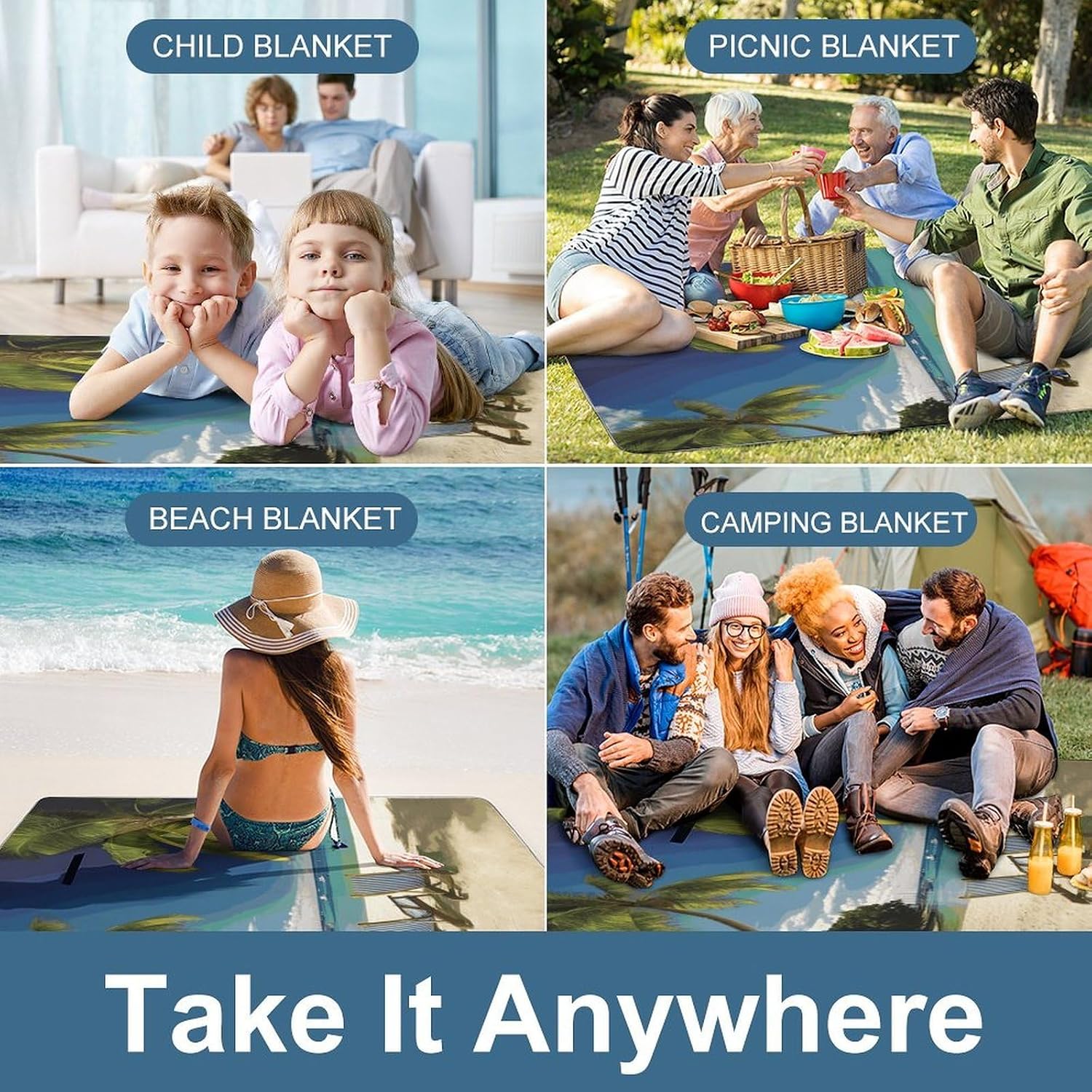Beach Palm Tree Chairs Boats Waterproof Picnic Blanket 58.3''x58.3'',Portable and Foldable Picnic Mat with Handle,Outdoor Blankets for Lawn Park Beach Travel