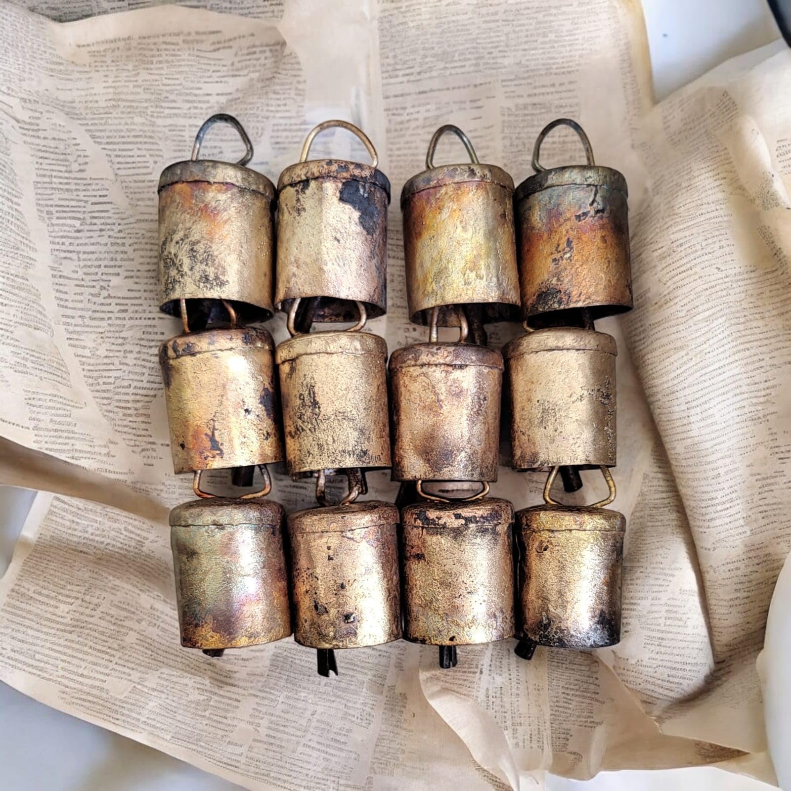 Mango Gifts Rustic Iron Bells 2-Inch, Bells for Craft, Mug Bells, Vintage Rustic Metal Tin Jingle, Witch Cow Bells, Party Favours, Decorative Bells for Home Decor, Antique Gold Finish (Set of 12)