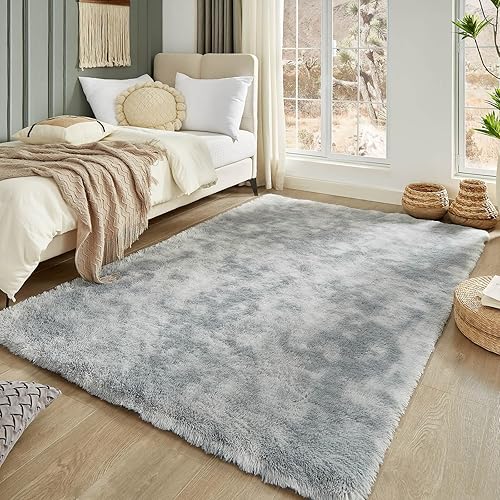 Miniatura 7 de Floralux Alfombra de área de 5 x 7 pies para dormitorio, teñido anudado gris claro, alfombra de pelo largo para sala de estar, alfombra