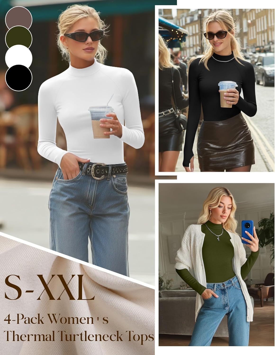 4 Pack Women's Thermal Mock Turtleneck Tops Fleece Long Sleeve Shirts Undershirt Pullover Tops with Thumb Holes - Image 3