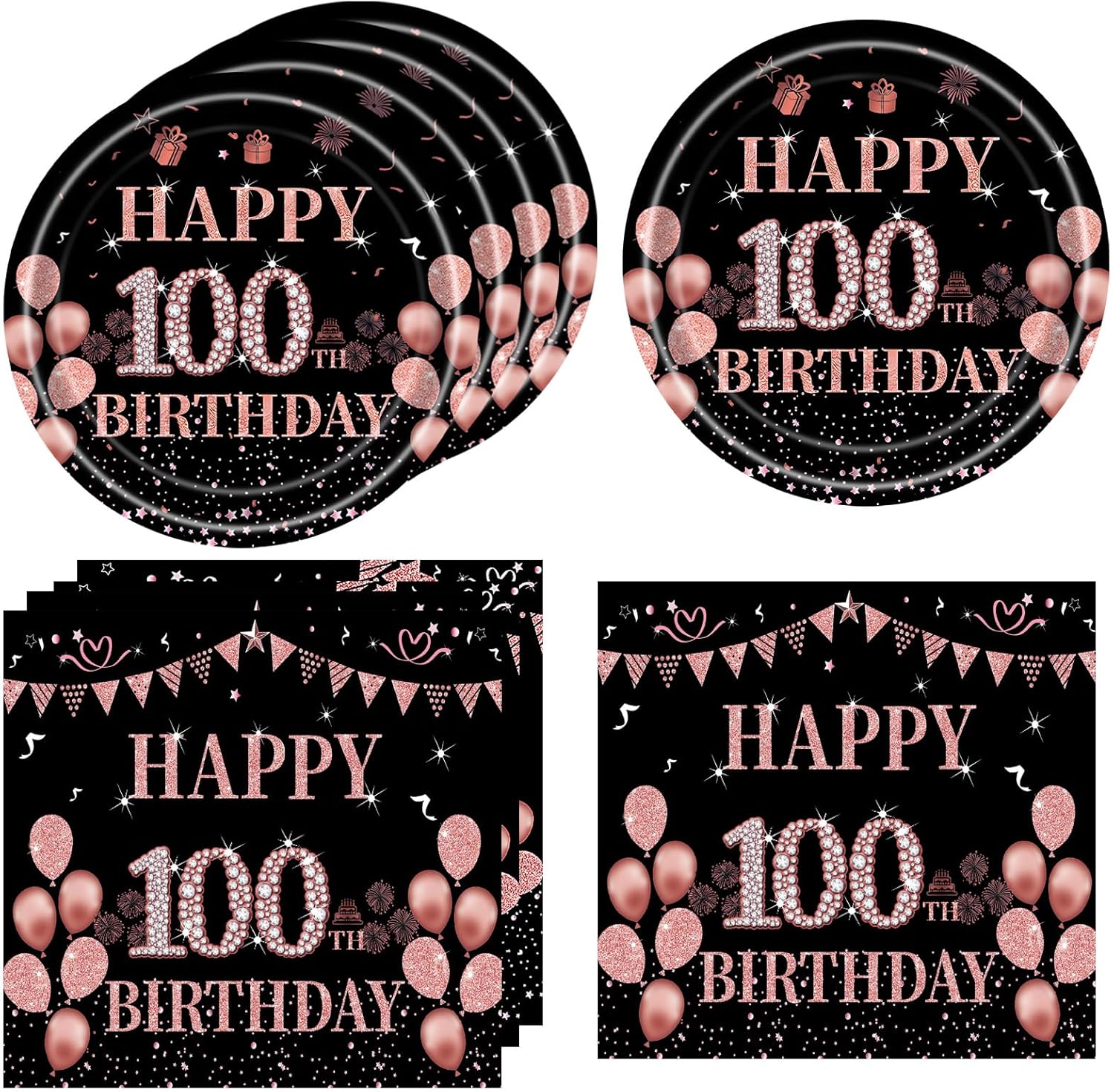 40PCS 100th Birthday Decorations for Women Vintage 1925 Disposable Paper Plates and Napkins Party Supplies for Girls Women
