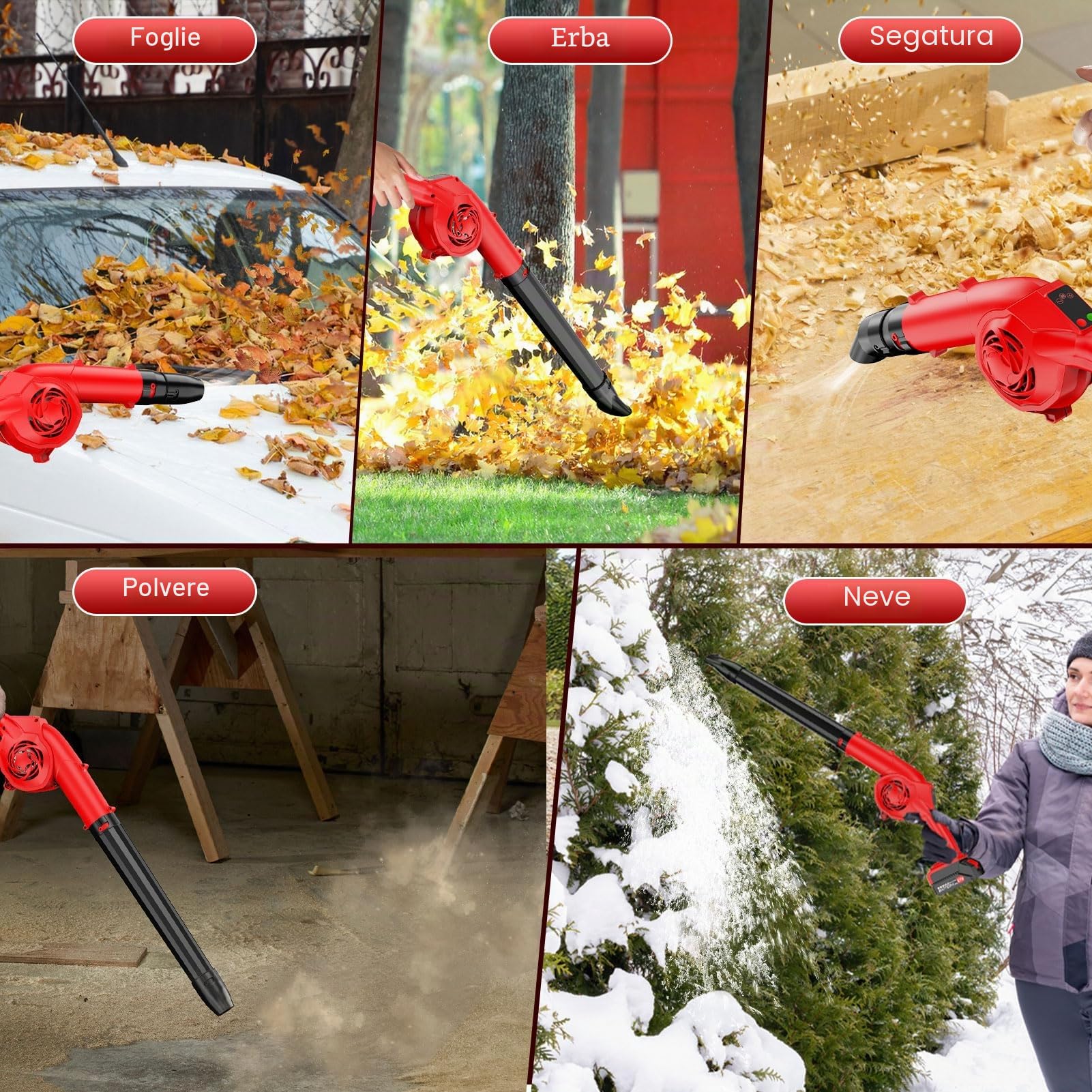 Soffiatore per foglie senza fili con batterie 21V 2*3000mAh e caricabatterie, soffiatore elettrico 320CFM 180MPH, 3 livelli di velocità e 3 tubi di soffiaggio, soffiatori da giardino leggeri con turbo