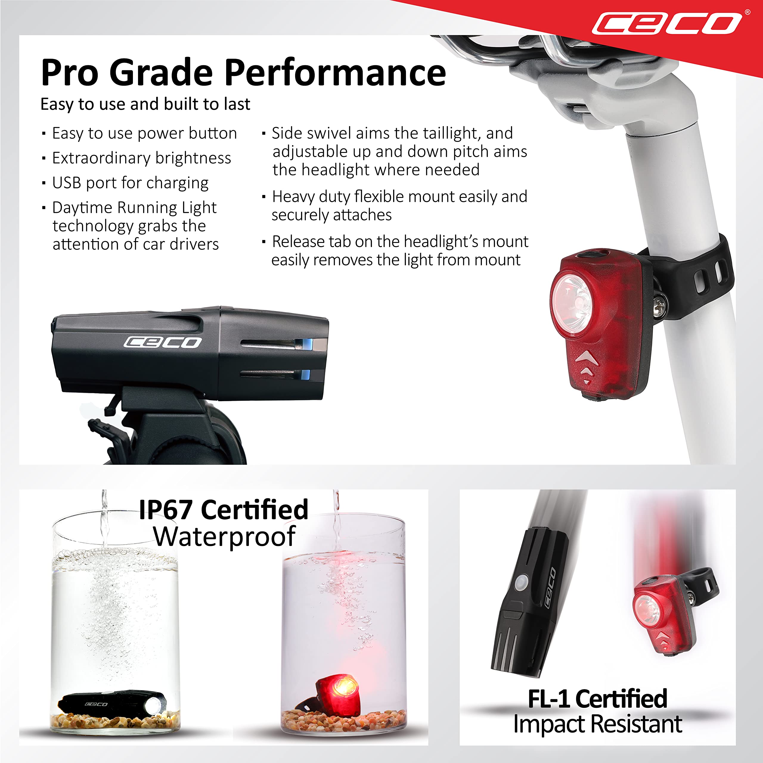 CECO - USA : 750 lumens phare et feu arrière 100 lumens combo pack pour cyclistes qui veulent voir loin et être vus de loin. Le plus lumineux jeu de feux de vélo rechargeable par USB disponible pour