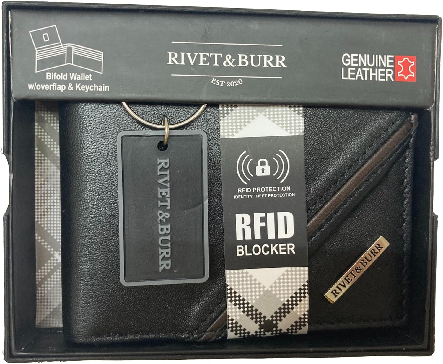 RIVET & BURR Genuine Leather Bifold Wallet for Men – RFID-Blocking Slim Wallet - Gift Box, Vanity Tray & Keychain with Textured Stripe Design & Metal Logo Badge (Black) - Image 6