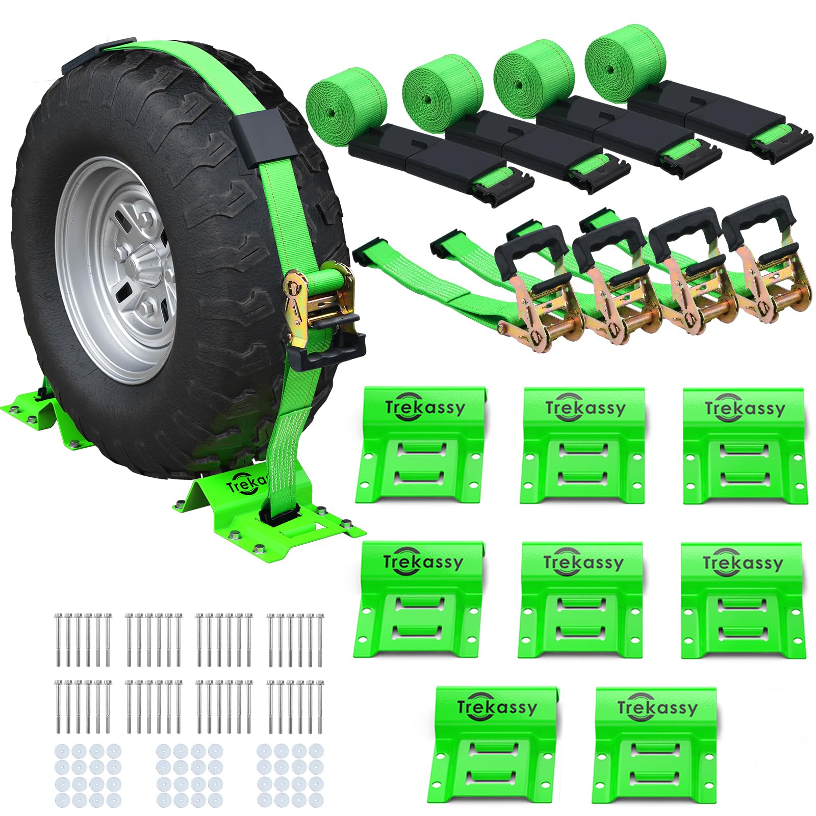 Trekassy Wheel Chock Tie-Down Kit with Rubber Blocks, (4,500lb Break Strength) Heavy Duty E Track Trailer Tire Straps for ATV, UTV, Lawn Mower- 4 Pack