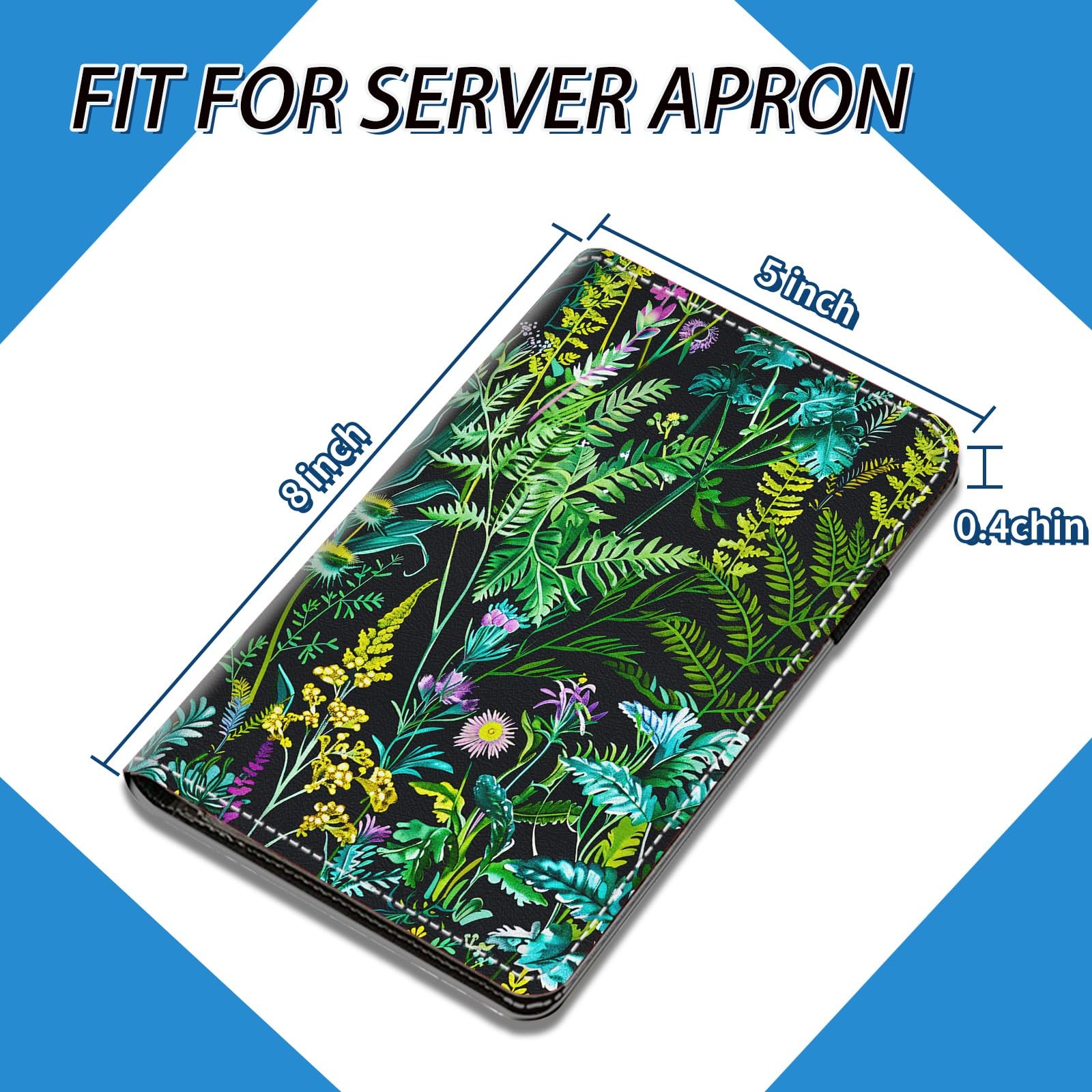 NLZQTTBD Server Book, Server Books for Waitress Compact Cute Waiter Receipt Book PU Leather Waitress Book with Zipper Pocket Cash Check Restaurant Bartender Server Apron Green Plant