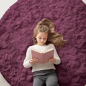 OLANLY Burgundy Round Rugs for Bedroom - Machine Washable, 5 ft Circle Area Rugs for Living Room, Soft and Fluffy Shaggy Carpet for Teen Girls and Boys, Nursery Rooms, Dorms, Home Decor Aesthetic