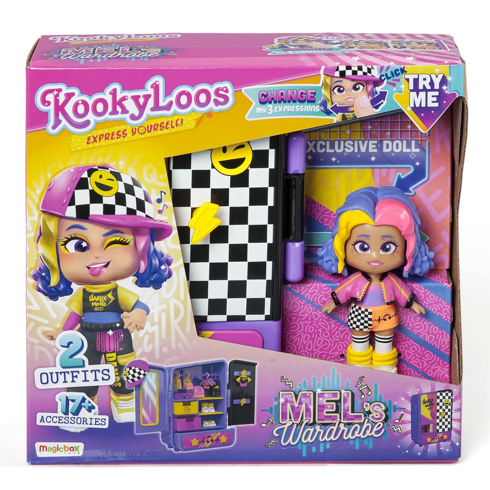 KOOKYLOOS Mel's Wardrobe – Garderoba zawiera lalkę, 2 różne kombinezony i 17 akcesoriów