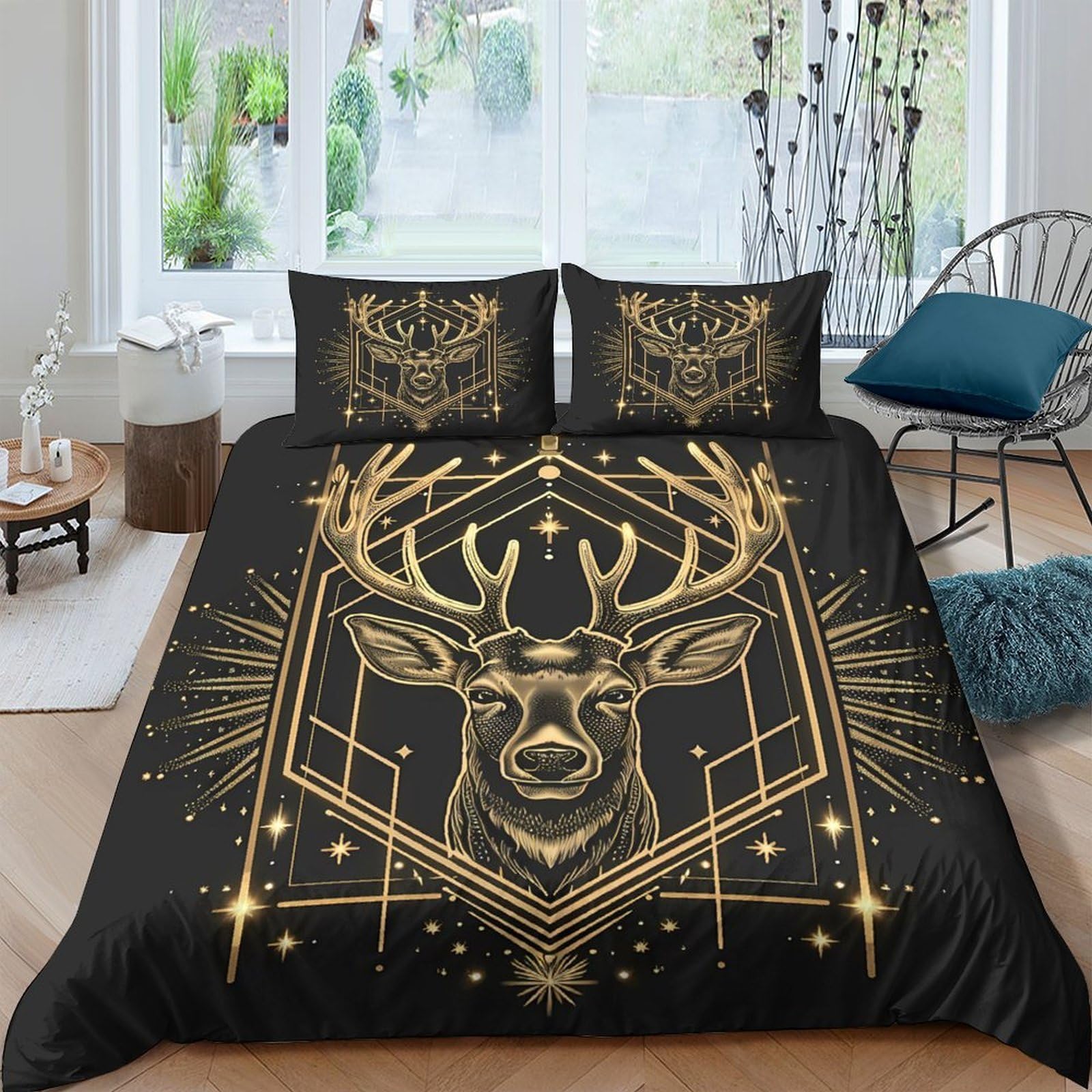 Ctjqhvkz Style-9 3D Printed Golden Deer Fitted Sheet Microfiber Soft Black Forest Geometric Bed Cover For Bedroom Dorm Mattress Decor Single（135X200cm）